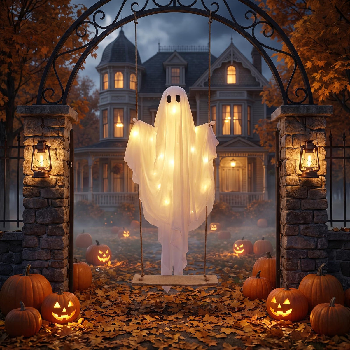 Tangkula 5 FT Halloween Hanging Swing Ghost Decoration with LED Lights