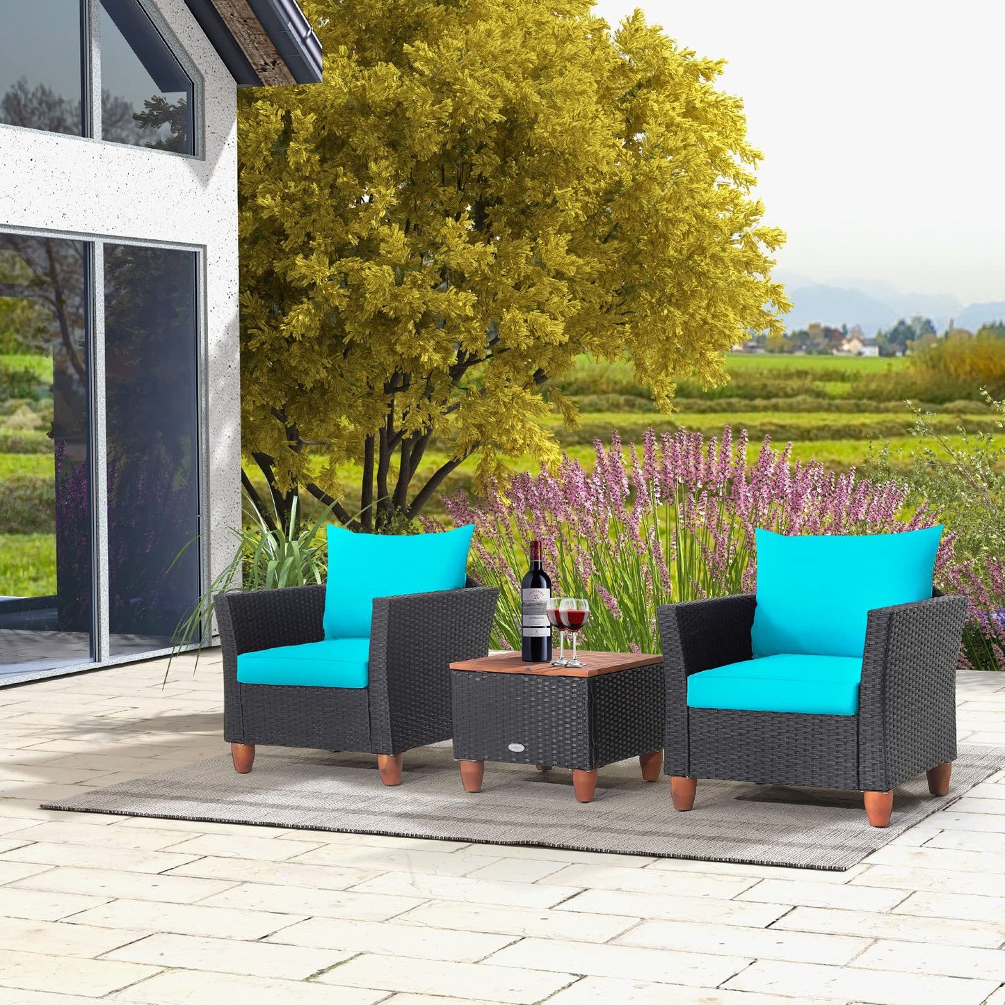 Tangkula 3 Pieces Patio Porch Furniture Set, PE Rattan Wicker Chair Conversation Set with Cushions and Storage Table