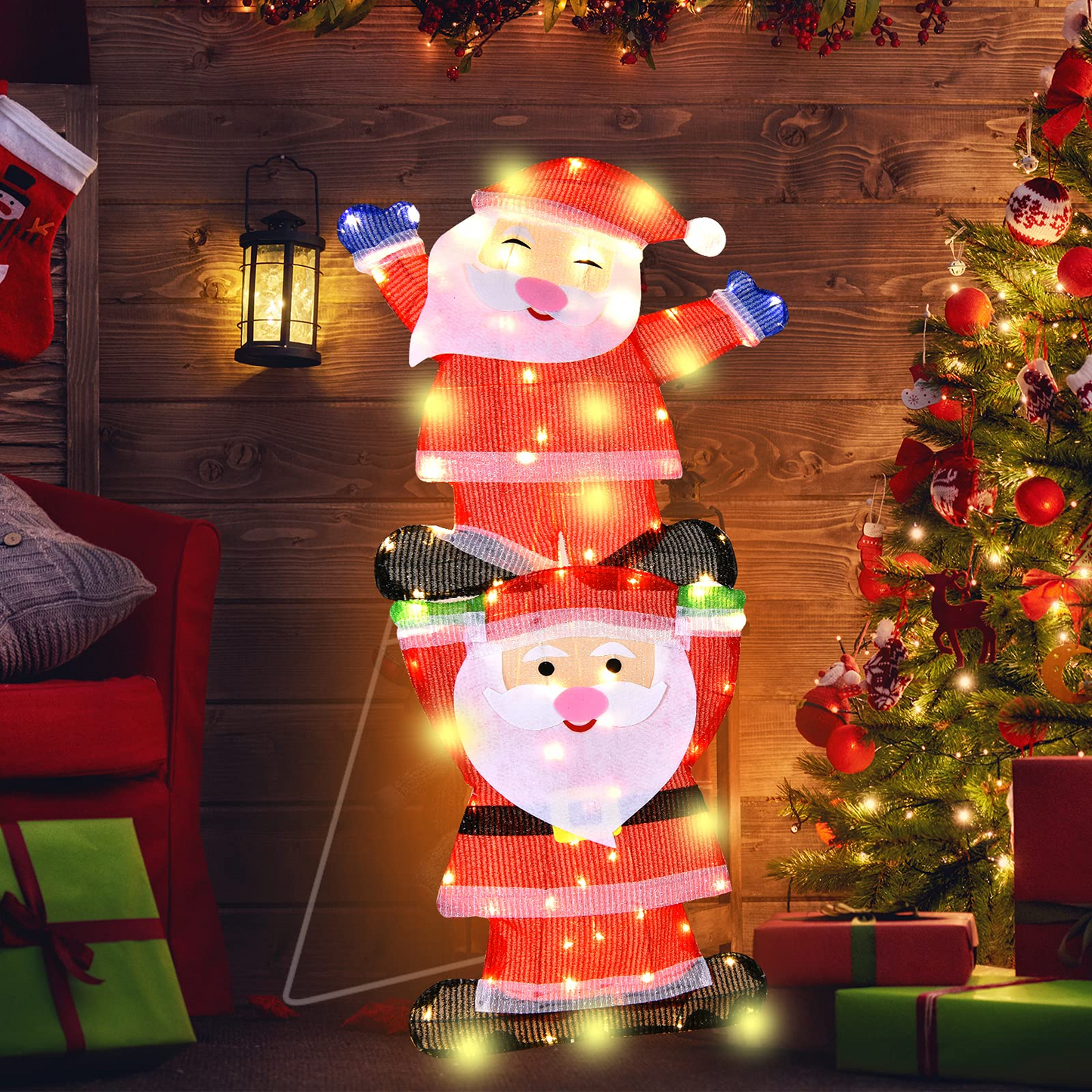 Tangkula 54 inches Christmas Double Snowman Yard Sign with LED Lights