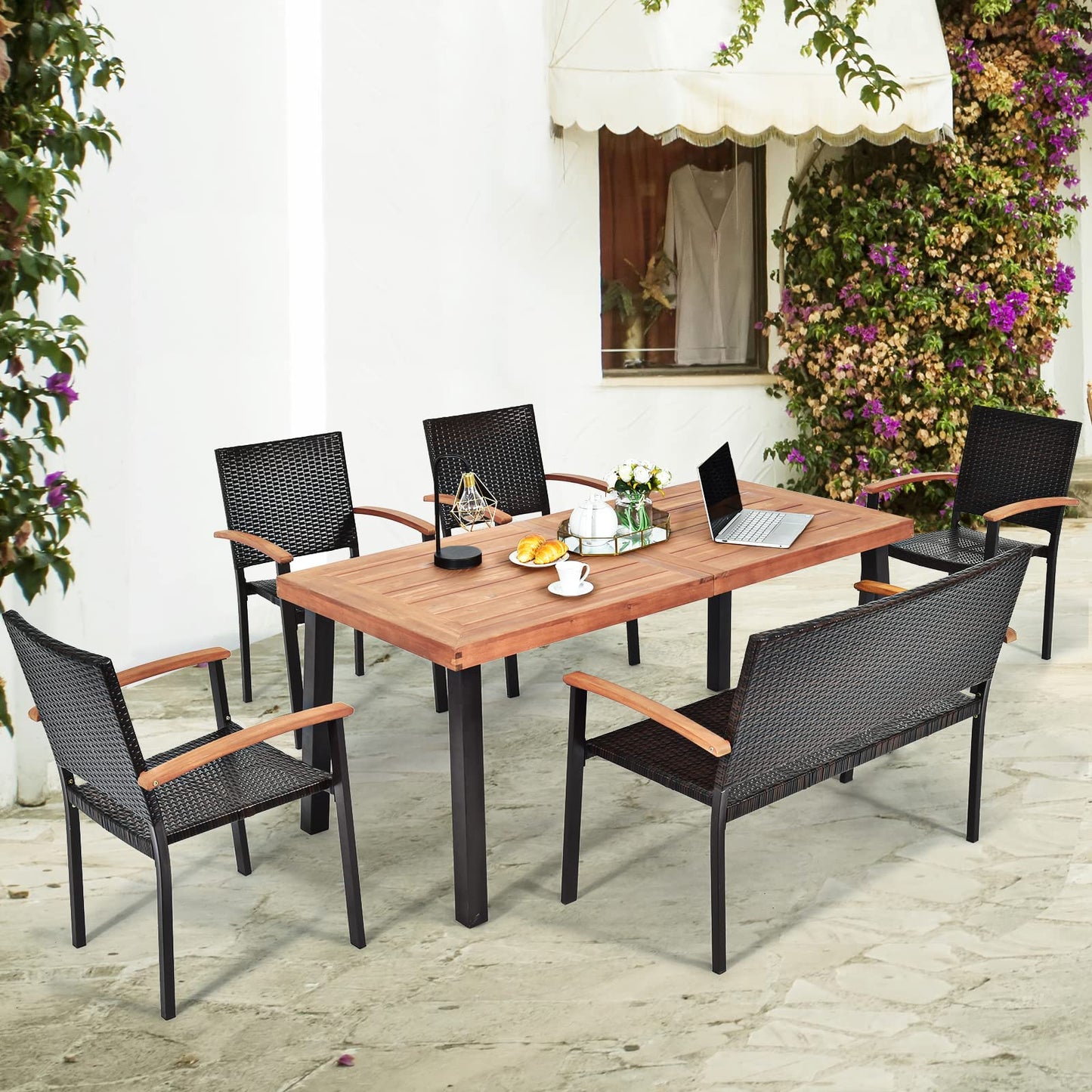 6 Pieces Wicker Patio Dining Set, Patiojoy Outdoor Dining Furniture