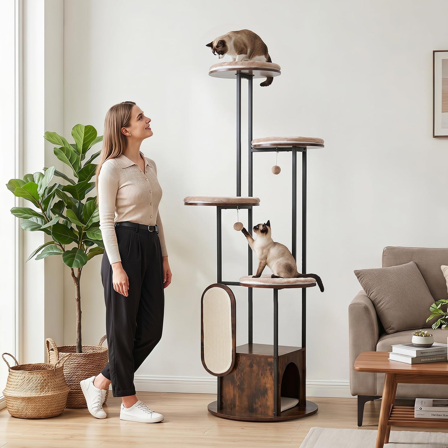 Tangkula Modern Cat Tree Tower with Top Perch (Rustic Brown)
