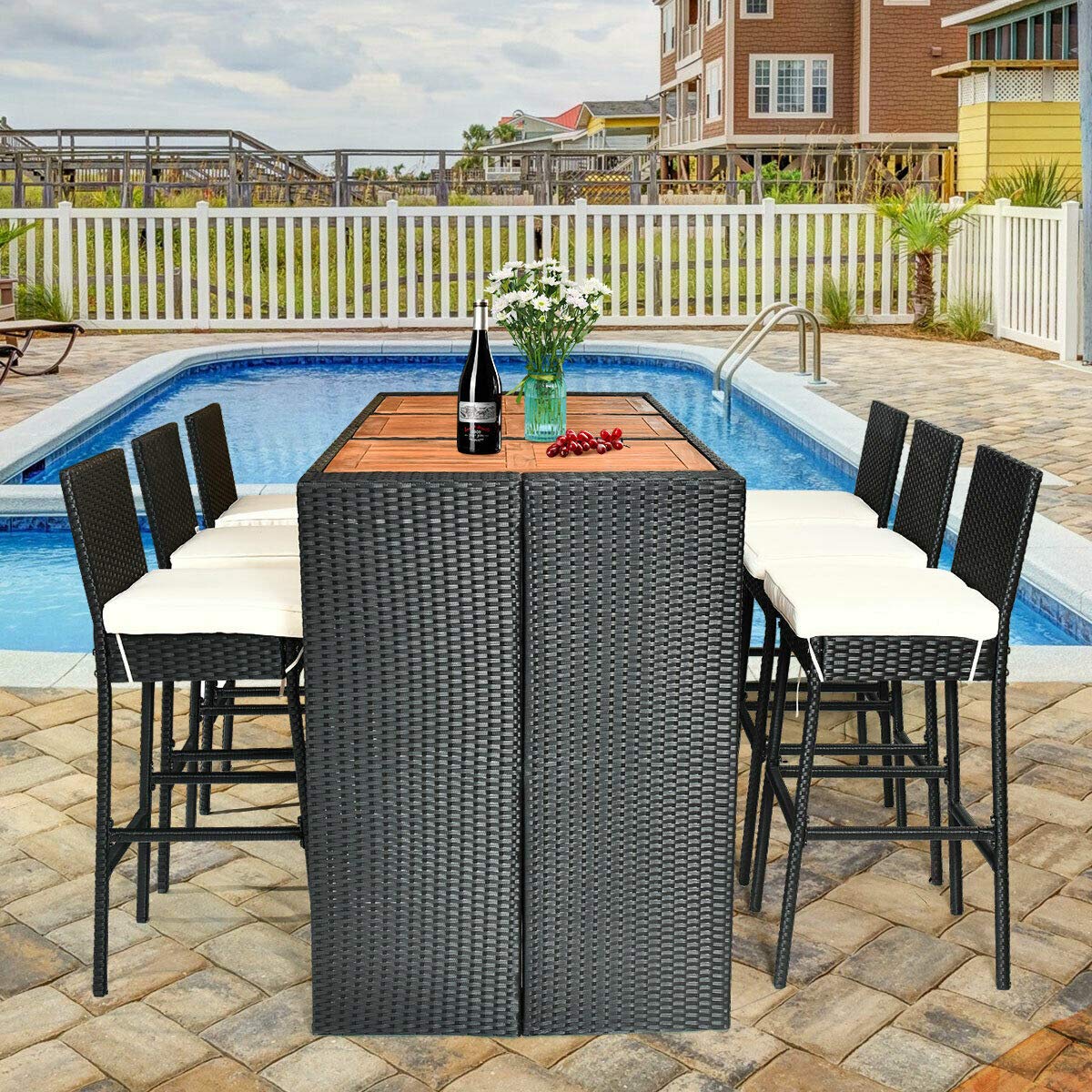 Tangkula 7 PCS Outdoor Wicker Furniture with Acacia Wood Bar Table Top and Removable Cushion