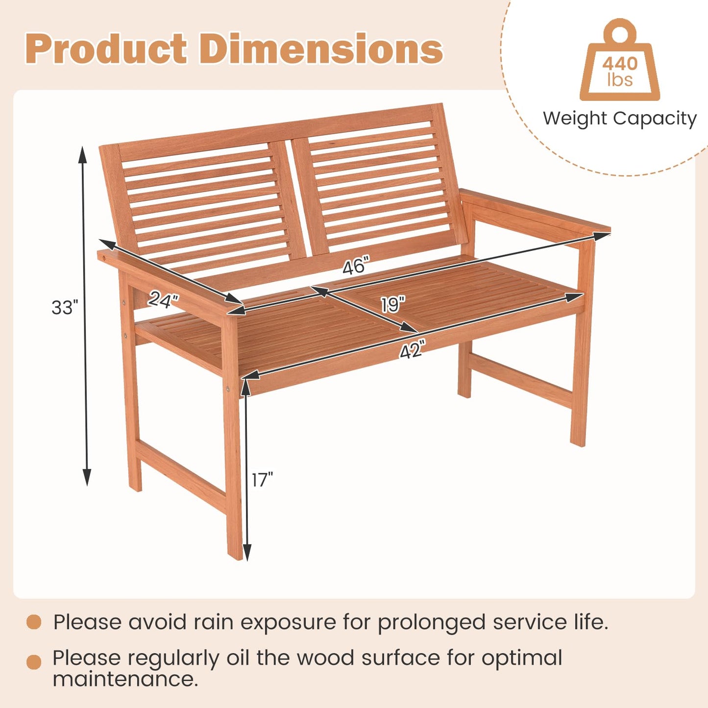 Tangkula Outdoor Wood Bench 2-Person Heavy Duty Patio Loveseat Chair