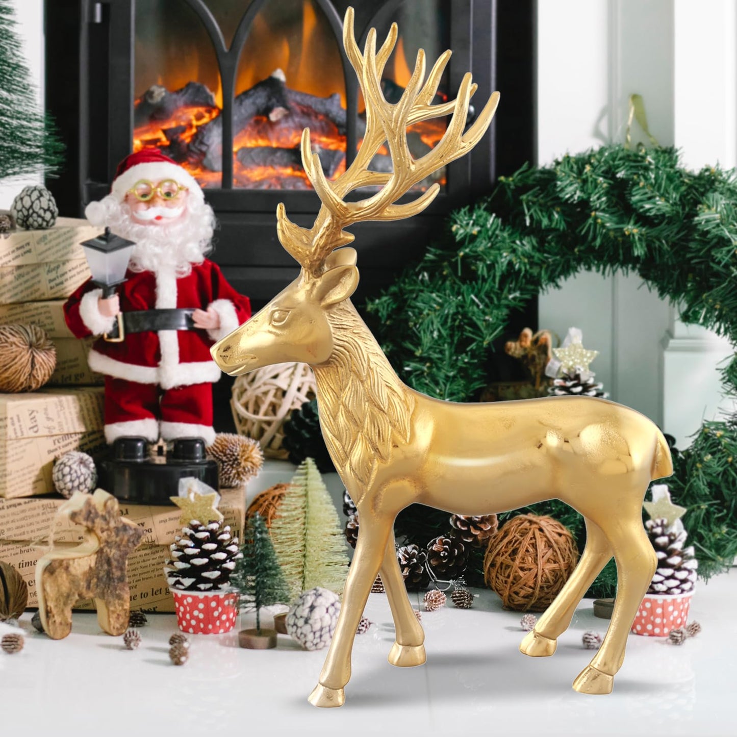 Tangkula Standing Reindeer Statue, Aluminum Deer Sculpture for Indoors, Christmas Reindeer Decor Statue for Home Office Shop School
