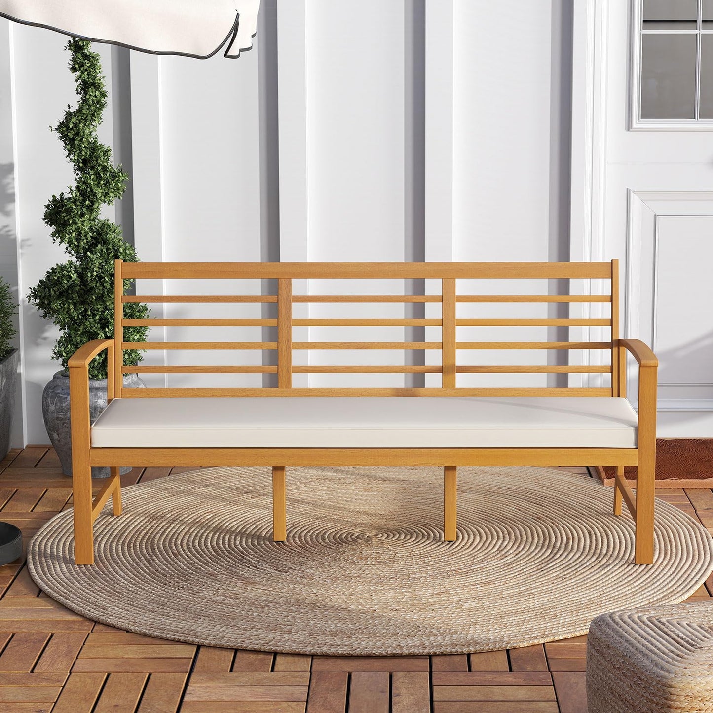 Tangkula Patio 64 Inch Wood Bench, 3-Seat Extra Long Acacia Chair w/Seat Cushion