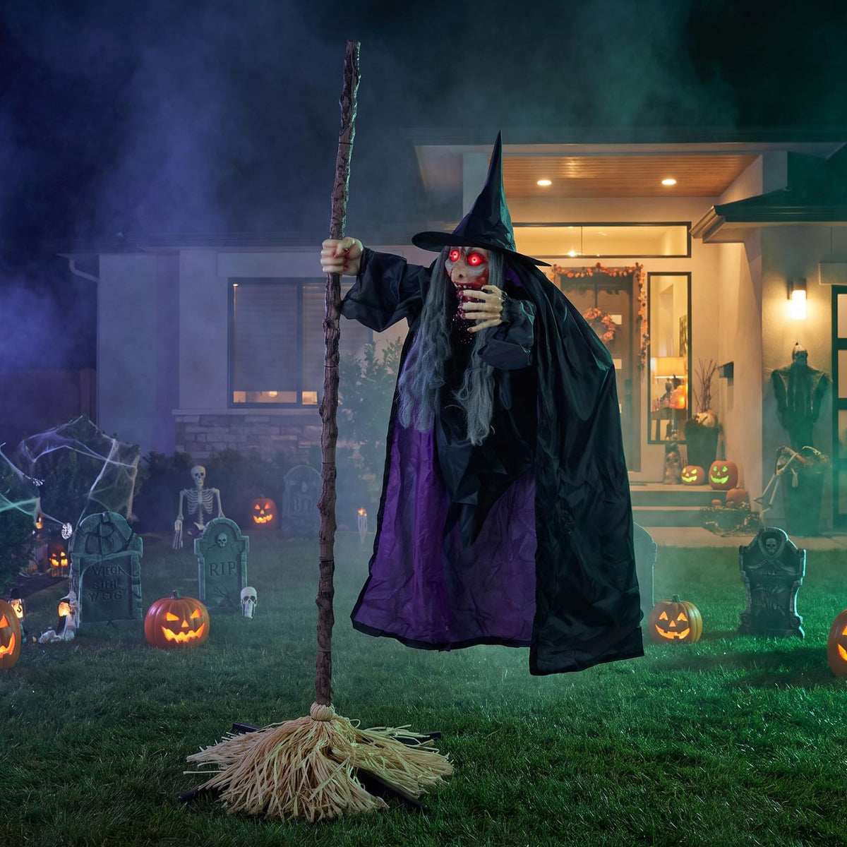 Tangkula 6.6 FT Halloween Animatronics Flying Witch on Broom Decorations