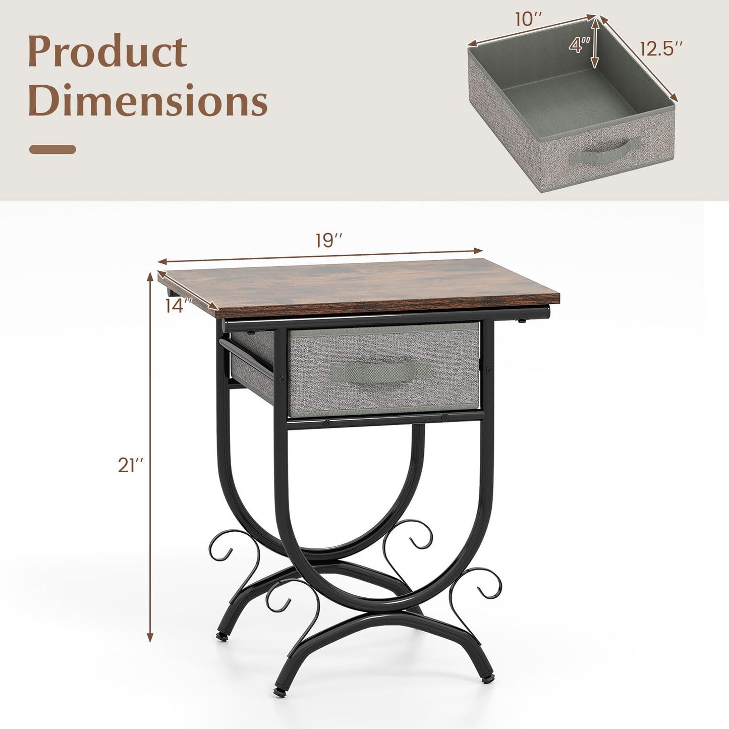 Tangkula Nightstand with Fabric Drawer for Bedroom Living Room Small Space