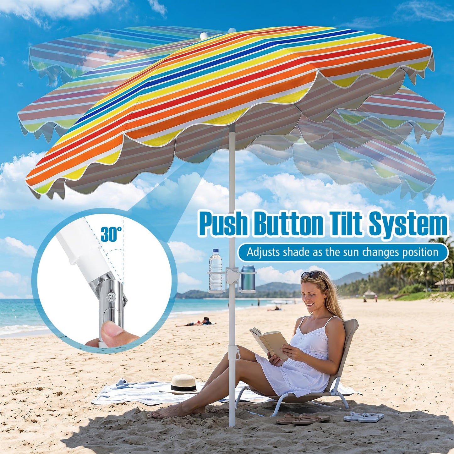 Tangkula 6.5 FT Scalloped Beach Umbrella with Cup Holders | UPF 50+