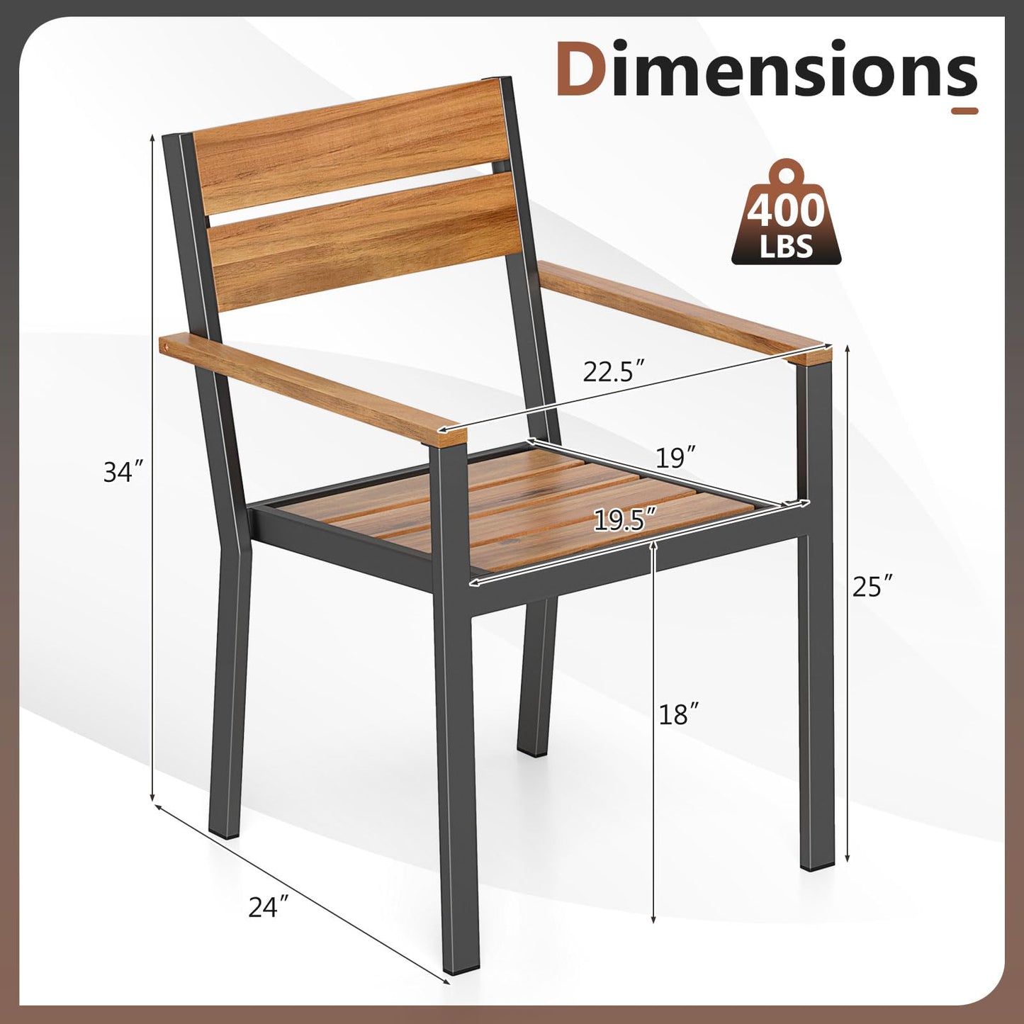Tangkula Acacia Wood Patio Chairs Set of 6 Outdoor Stackable Dining Chairs with Slatted Seats and Metal Frame