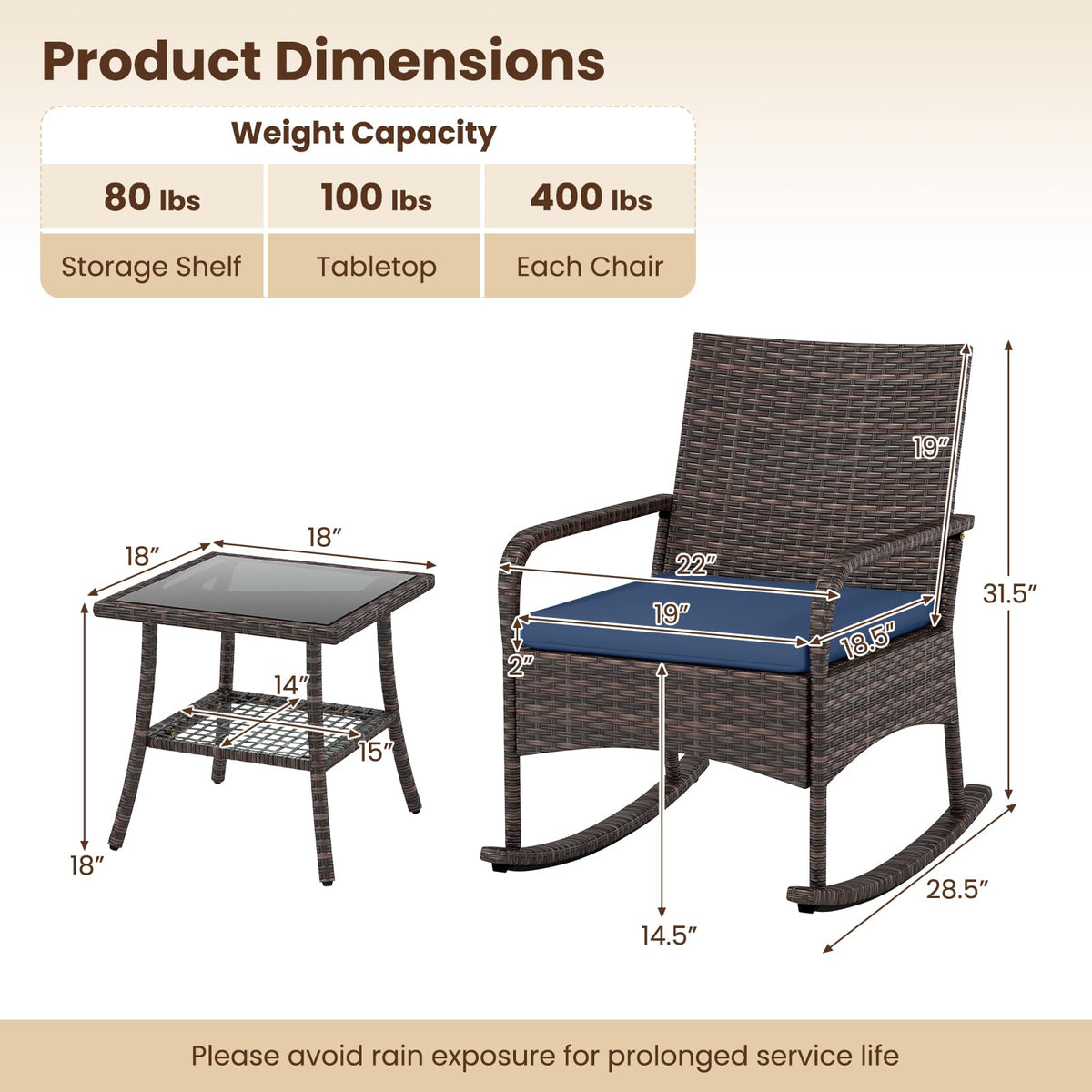 Tangkula 3-Piece Outdoor Wicker Rocking Bistro Set with 2-Tier Coffee Table