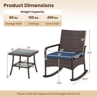 Tangkula 3-Piece Outdoor Wicker Rocking Bistro Set with 2-Tier Coffee Table
