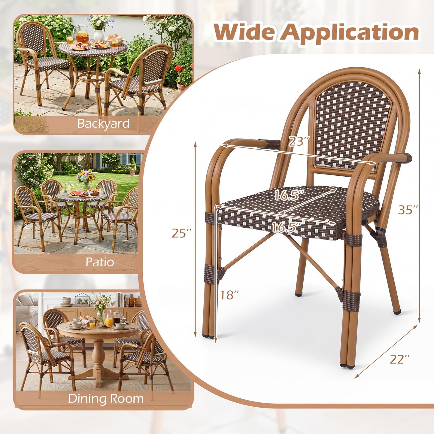 Tangkula Outdoor French Bistro Chairs Hand-Woven PE Wicker Patio Chairs(2/4)