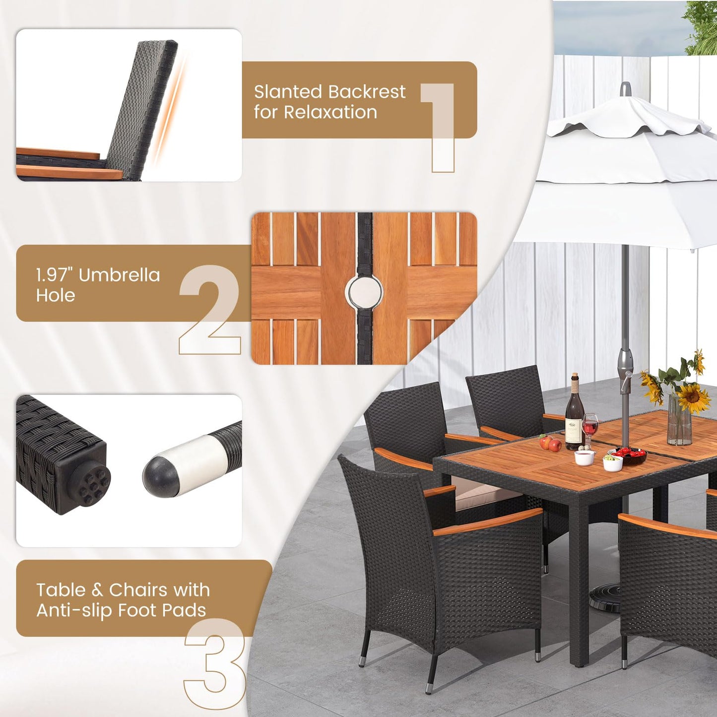 Tangkula 7 PCS Outdoor Dining Set, Patio Conversation Set with Acacia Wood Tabletop, Umbrella Hole, Removable Seat Cushions
