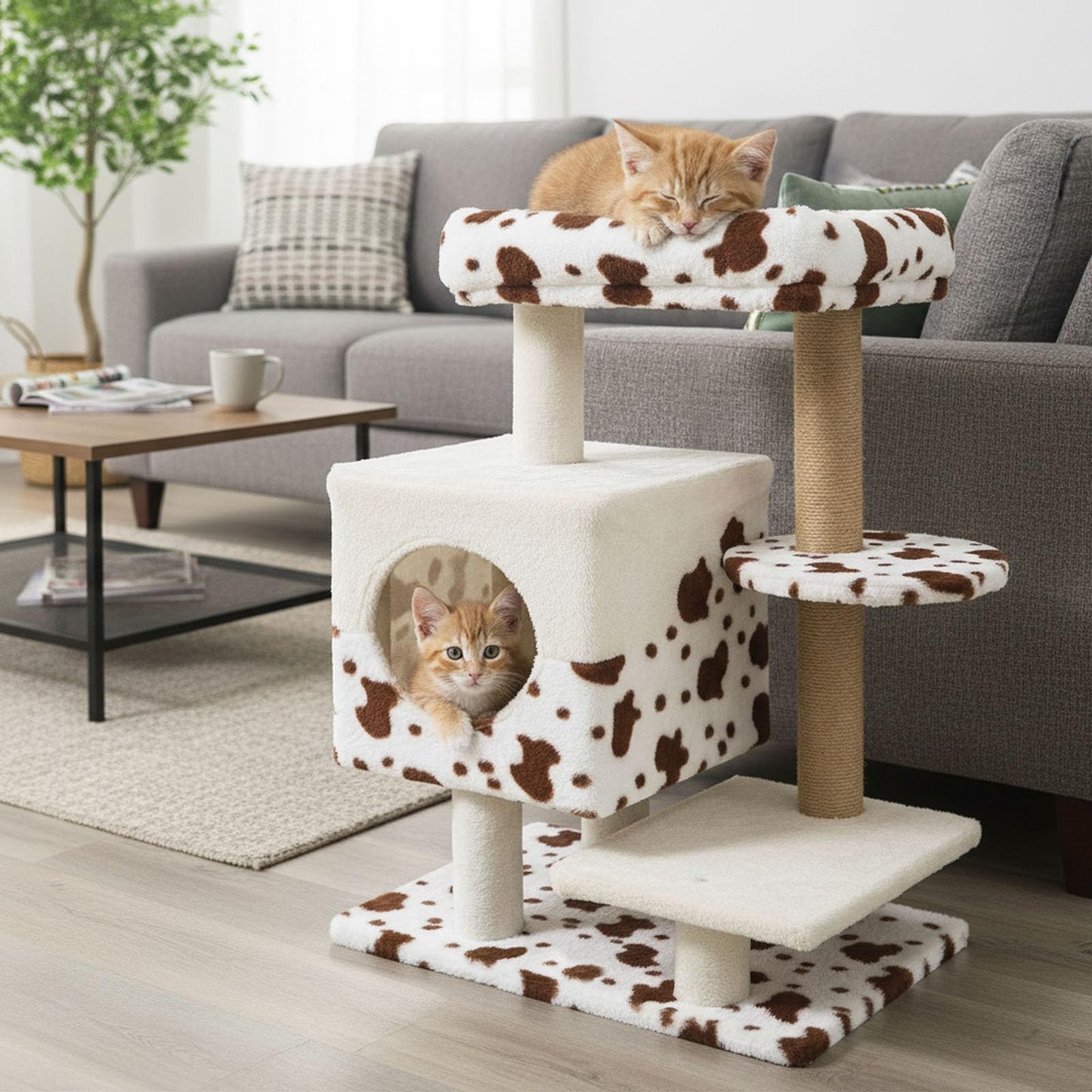 Tangkula Arbre à chat esthétique à imprimé vache de 76 cm avec condo à 2 portes et perchoir supérieur rembourré