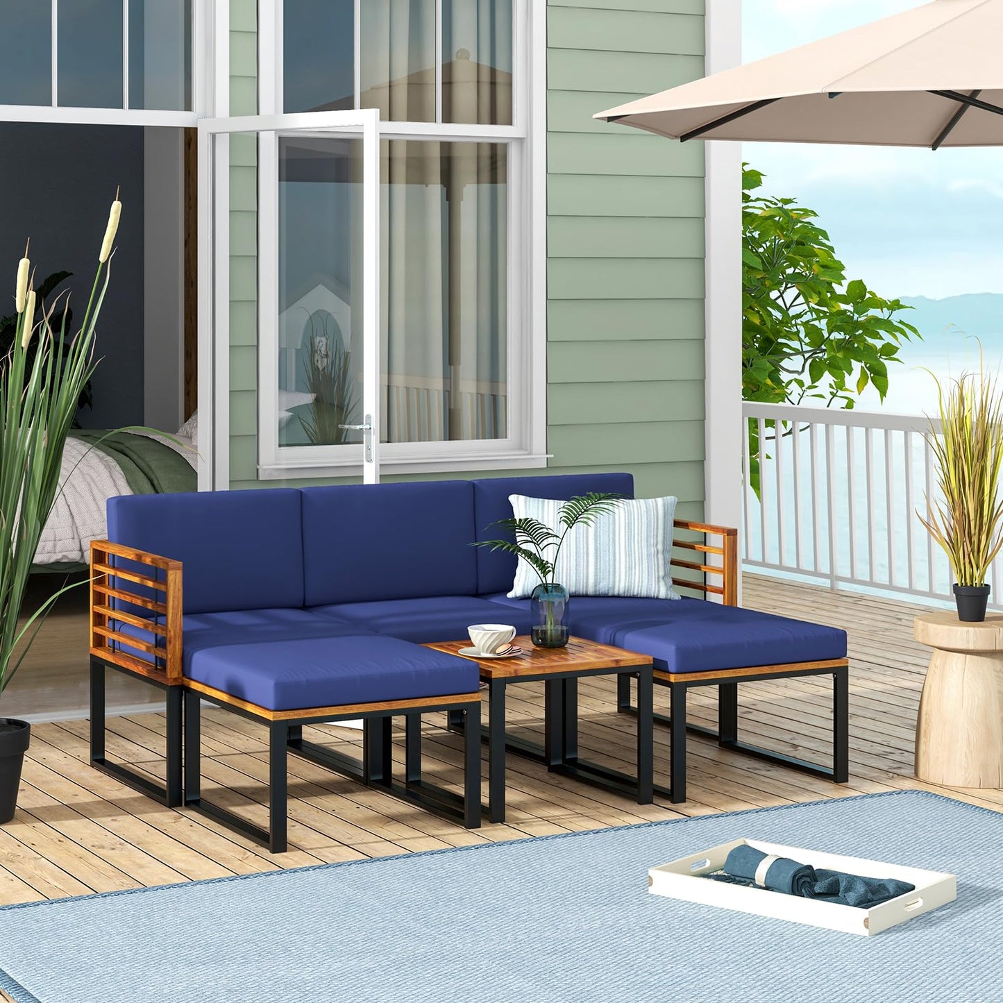 Tangkula 6 Piece Patio Conversation Sofa Set, Acacia Wood Chair Set with Ottomans & Coffee Table