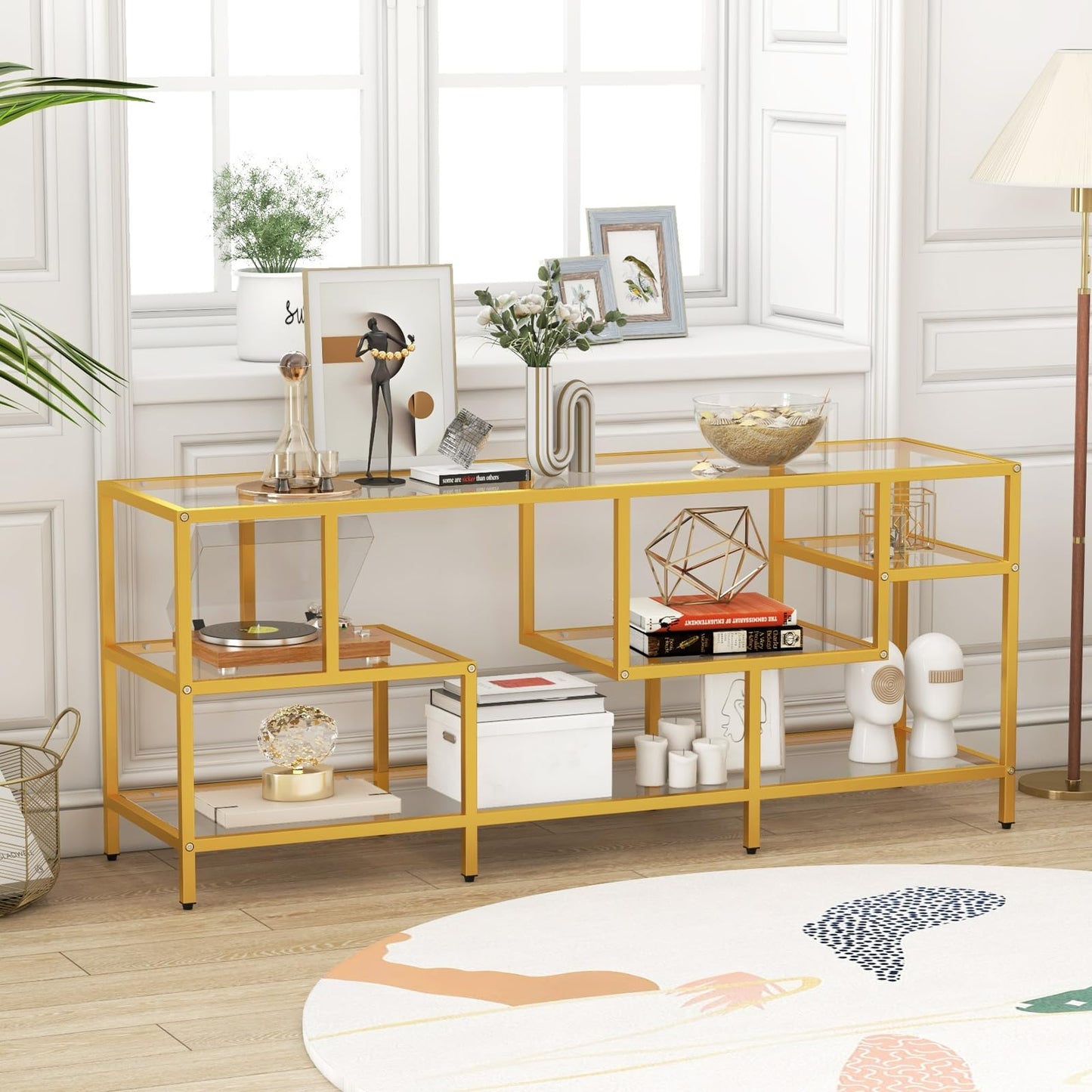 Tangkula Gold TV Stand for TVs up to 65”, 58” TV Console Table with Tempered Glass Shelves & Golden Metal Frame