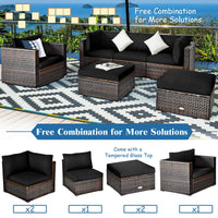 6 Pieces Patio Rattan Sectional Furniture Set, Outdoor Wicker Conversation Set with Glass Coffee Table Sofa Ottoman