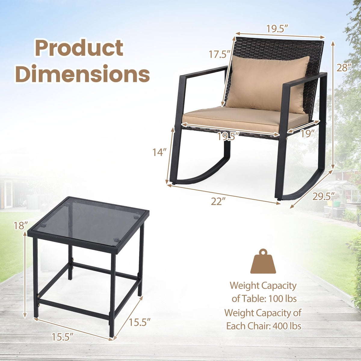 Tangkula 3-Piece Outdoor Rocking Chair Set for Garden Balcony Backyard