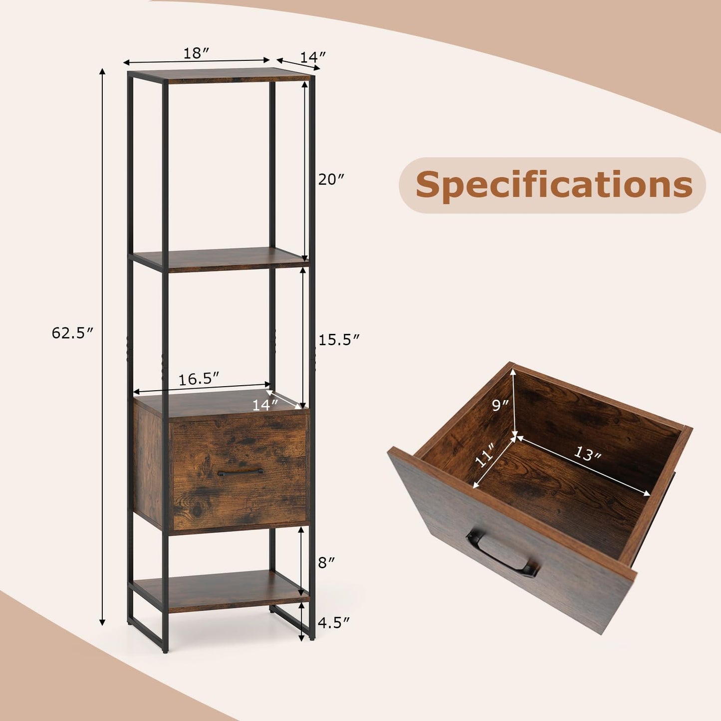 Tangkula Étagère Haute et Étroite de 159 cm avec Cadre Métallique et Kits Anti-basculement