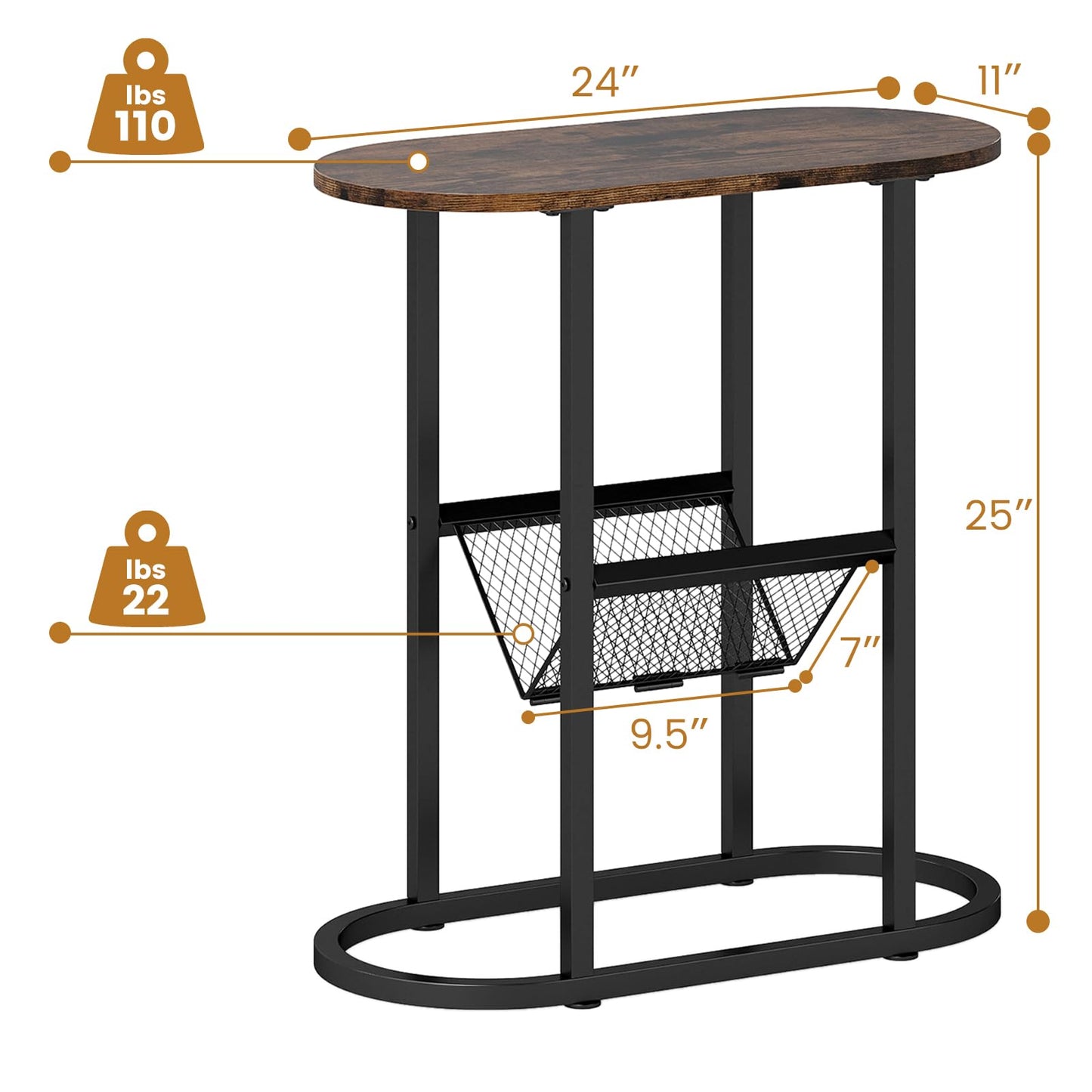 Tangkula Table d'appoint ovale étroite pour salon chambre à coucher