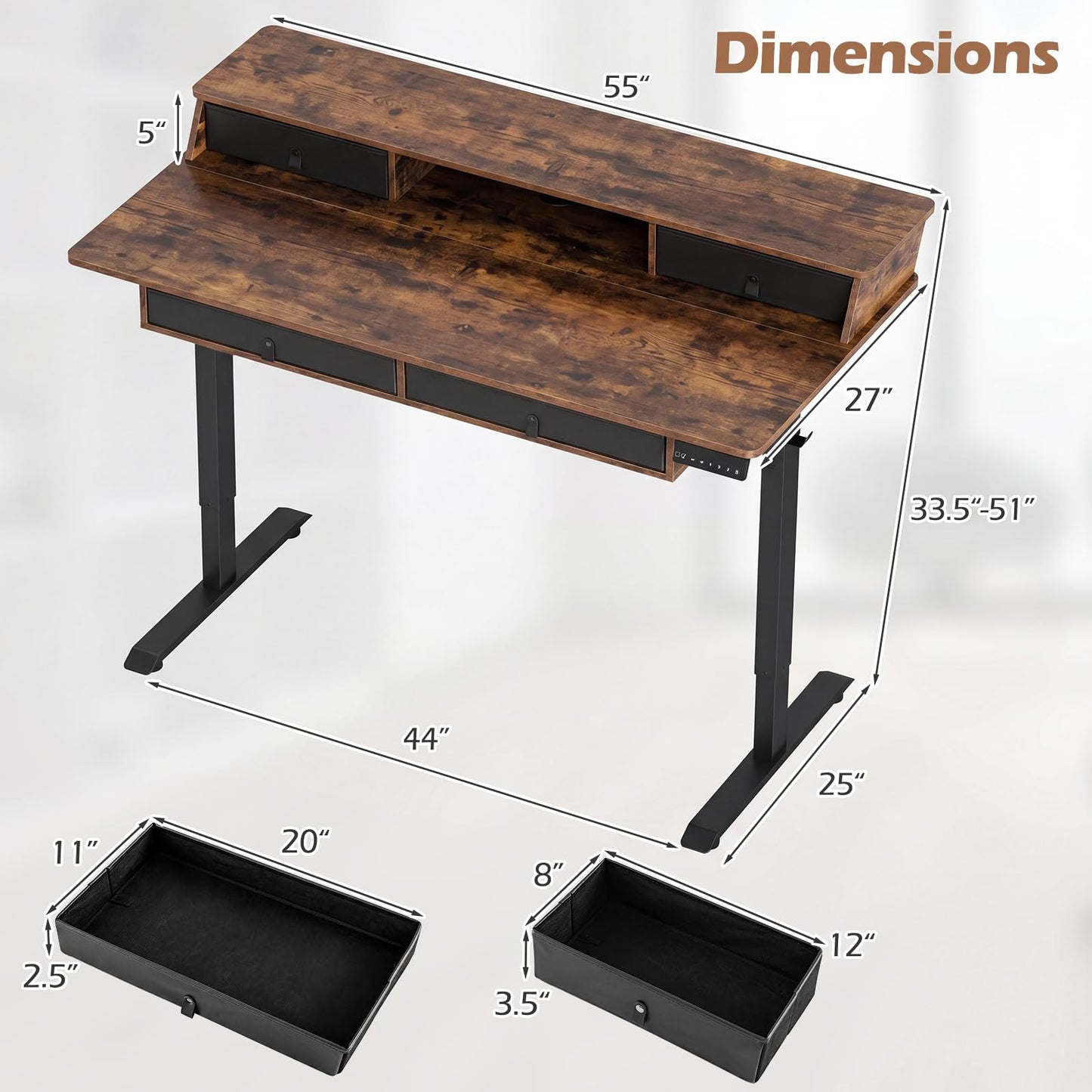 Tangkula 55-Inch Electric Standing Desk with 4 Storage Drawers & Monitor Stand