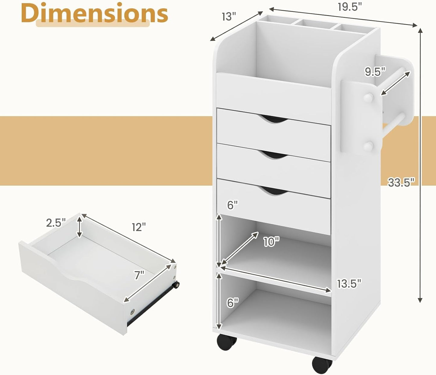 Tangkula Rolling Storage Drawer Cart With 3 Drawers