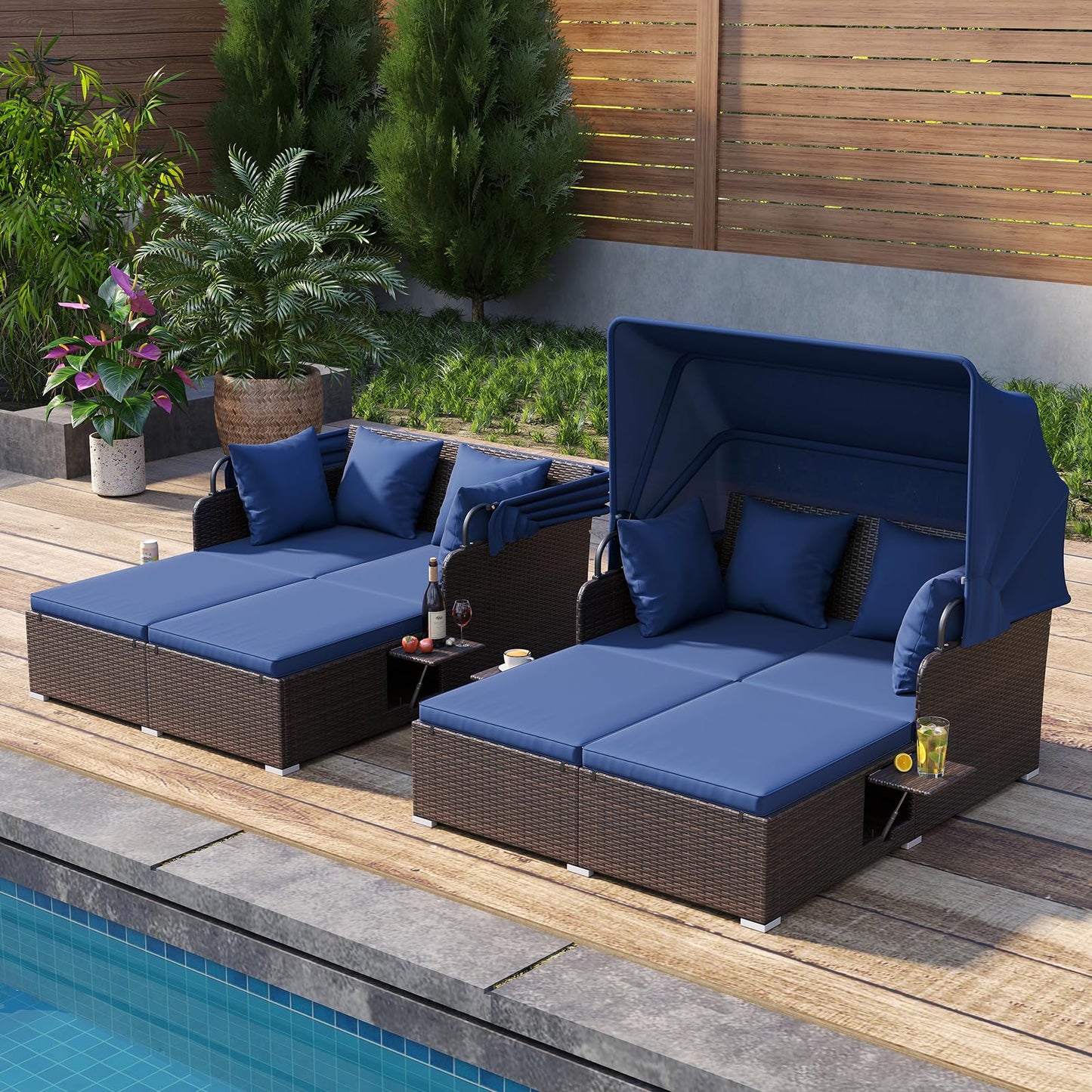 Tangkula Outdoor Wicker Sunbed with 2 Foldable Side Tables Thick Seat & Back Cushions