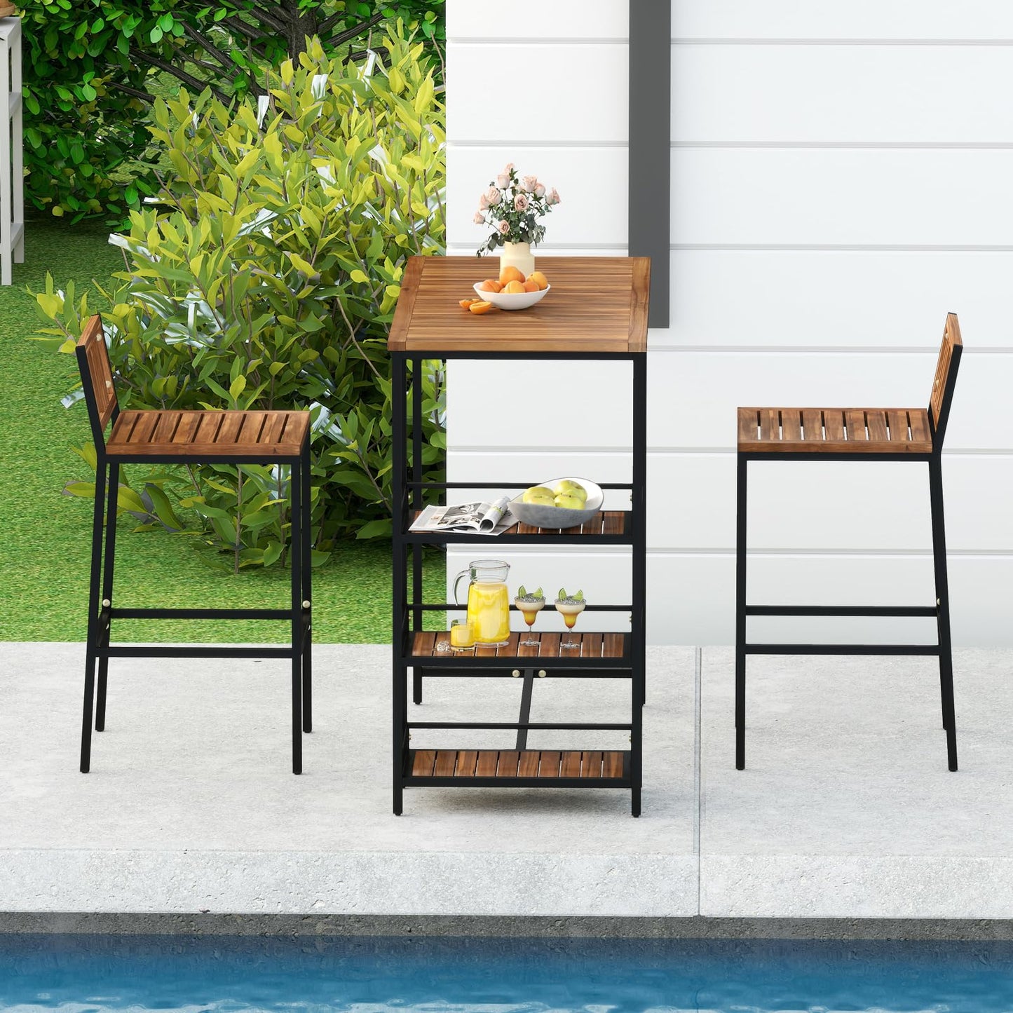 Tangkula 3 Pieces Wood Patio Bar Set with 3 Shelves