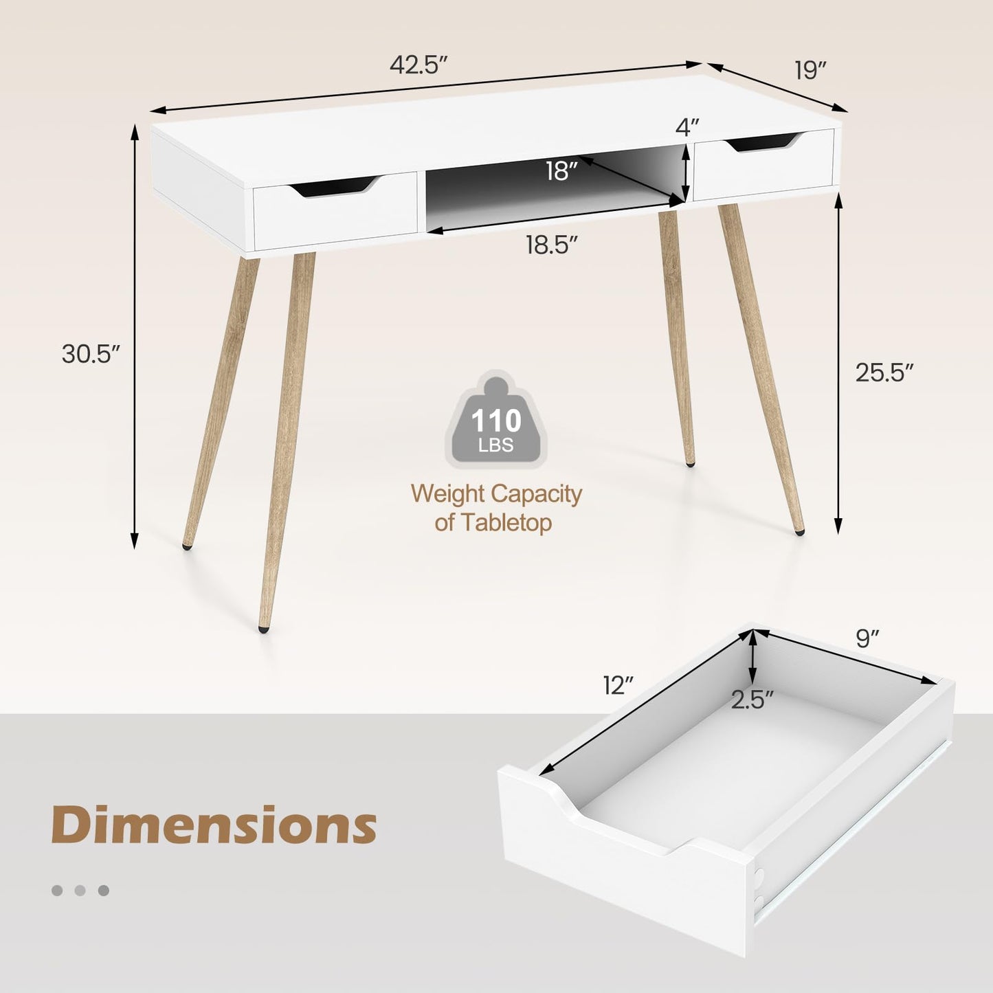 Tangkula Mid Century Modern Computer Desk with 2 Drawers & Open Center Storage