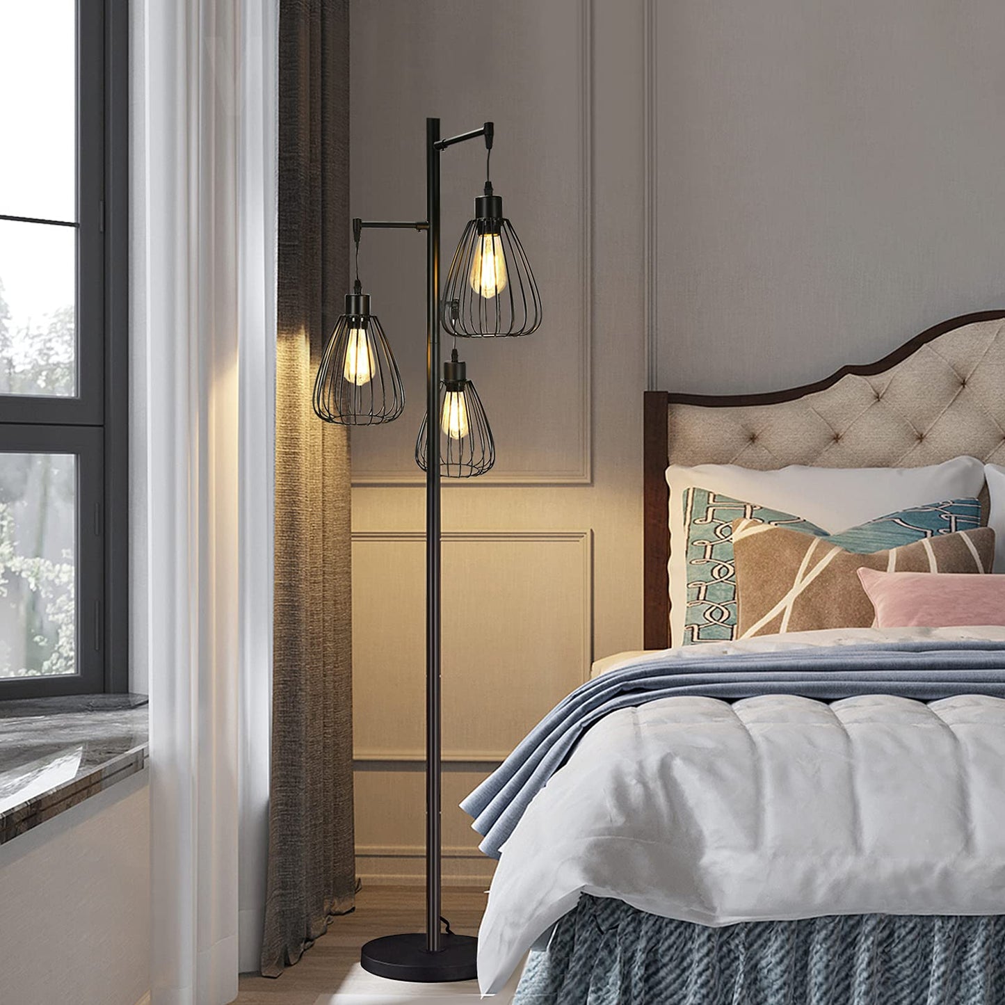 Tangkula Industrial Floor Lamp with 3 Hanging Lampshades