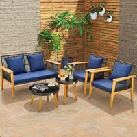 Tangkula 5 Piece Outdoor Conversation Set, Patiojoy Rattan Chair Set with 2 Coffee Tables, Stable Acacia Wood Frame