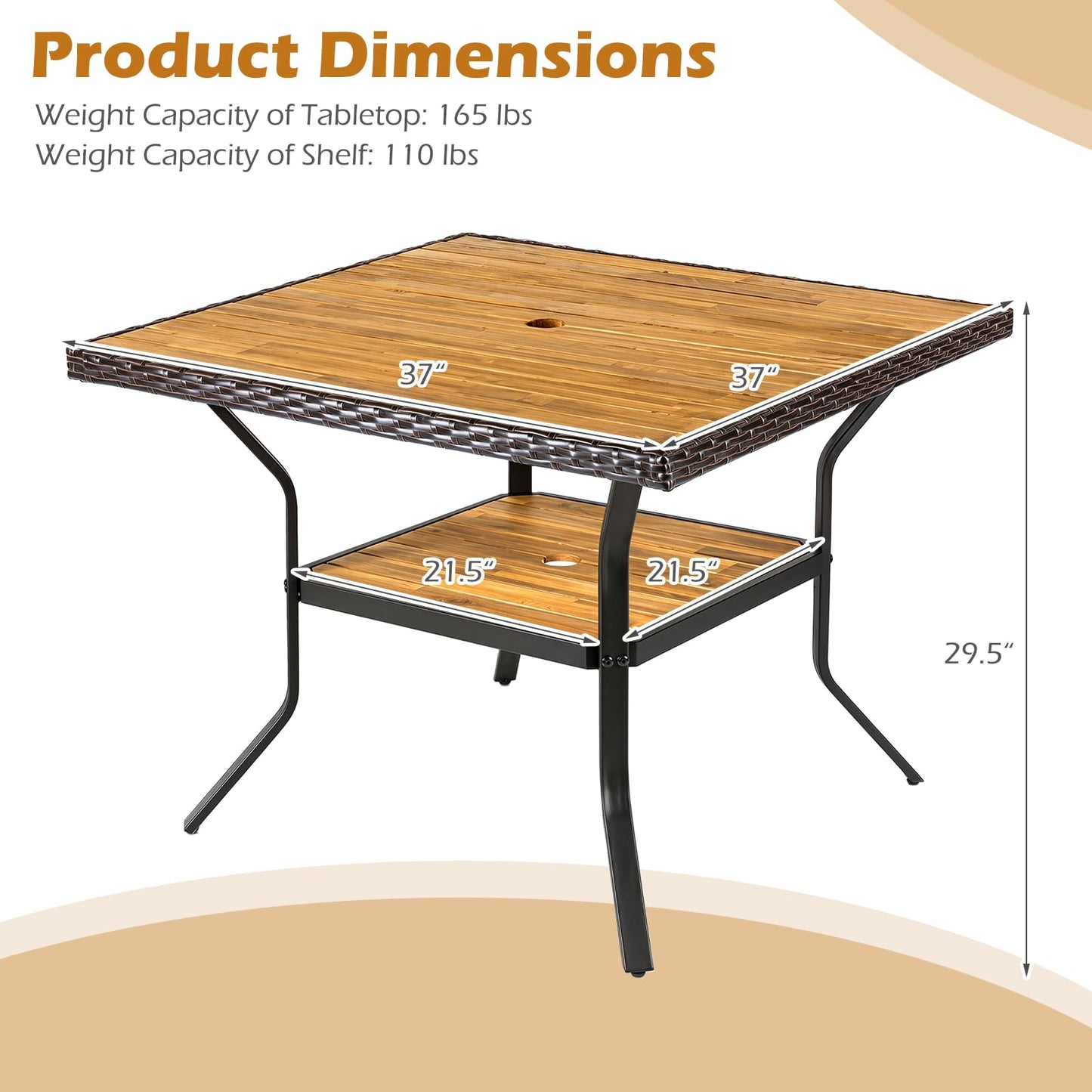 Tangkula 37" Square Wood Patio Dining Table for 4