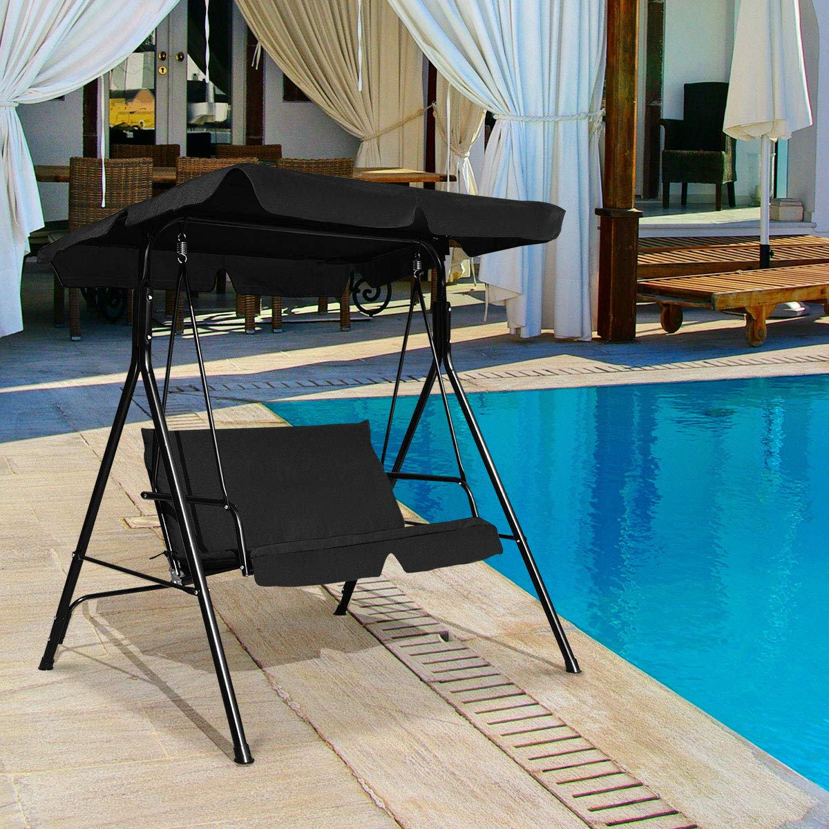 Tangkula 2-Person Patio Swing, Outdoor Yard Swing with Canopy & Cushion, Weather Resistant Steel Lounge Swing Chair