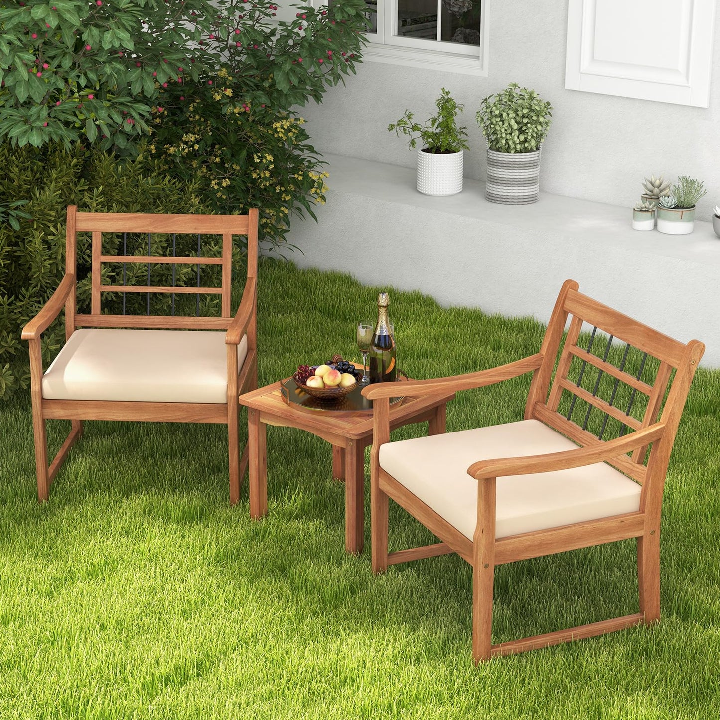 Tangkula 3 Piece Wood Patio Furniture Set, Outdoor Bistro Set w/Soft Seat Cushions