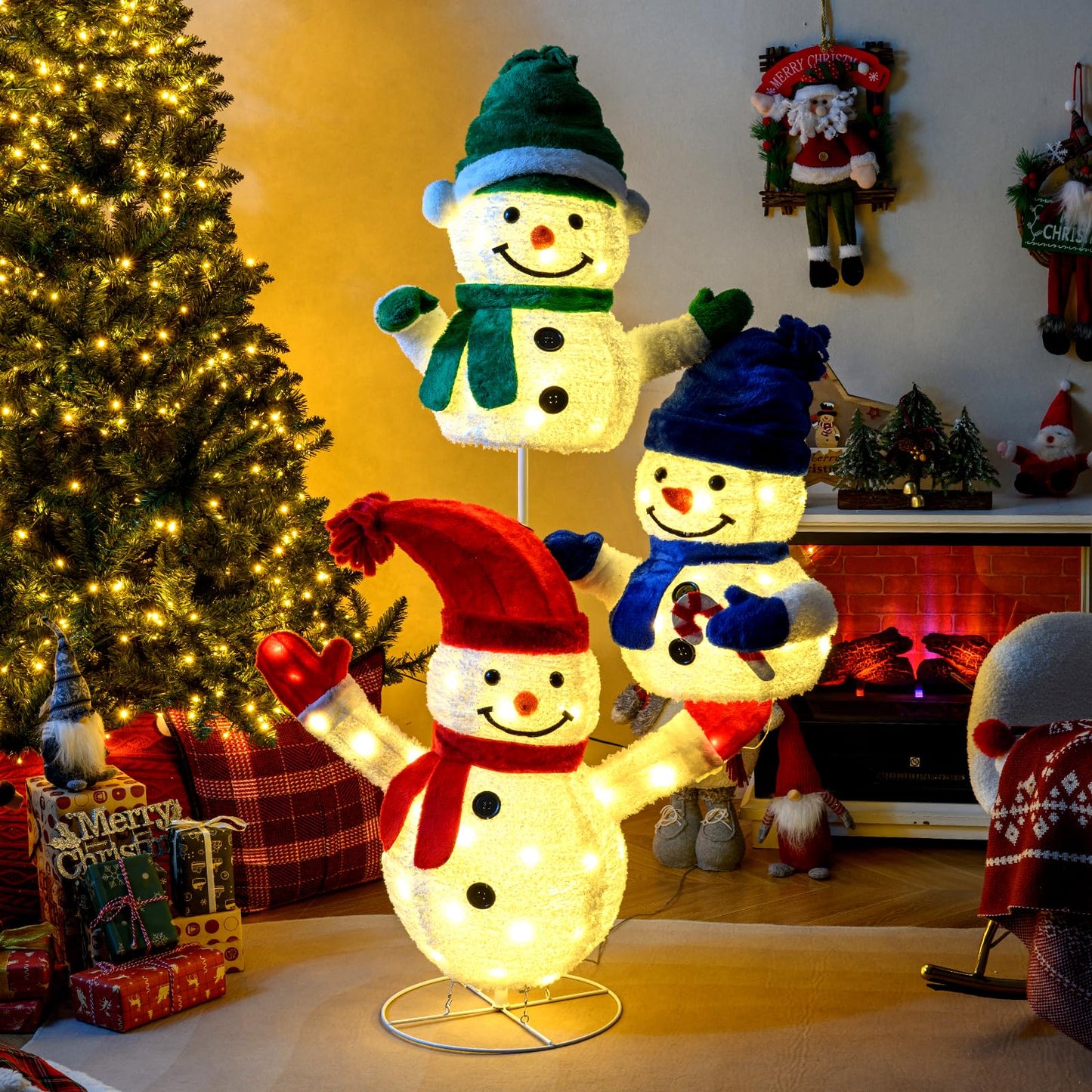 Tangkula 5 FT Christmas Lighted 3 Stacked Snowman Decoration