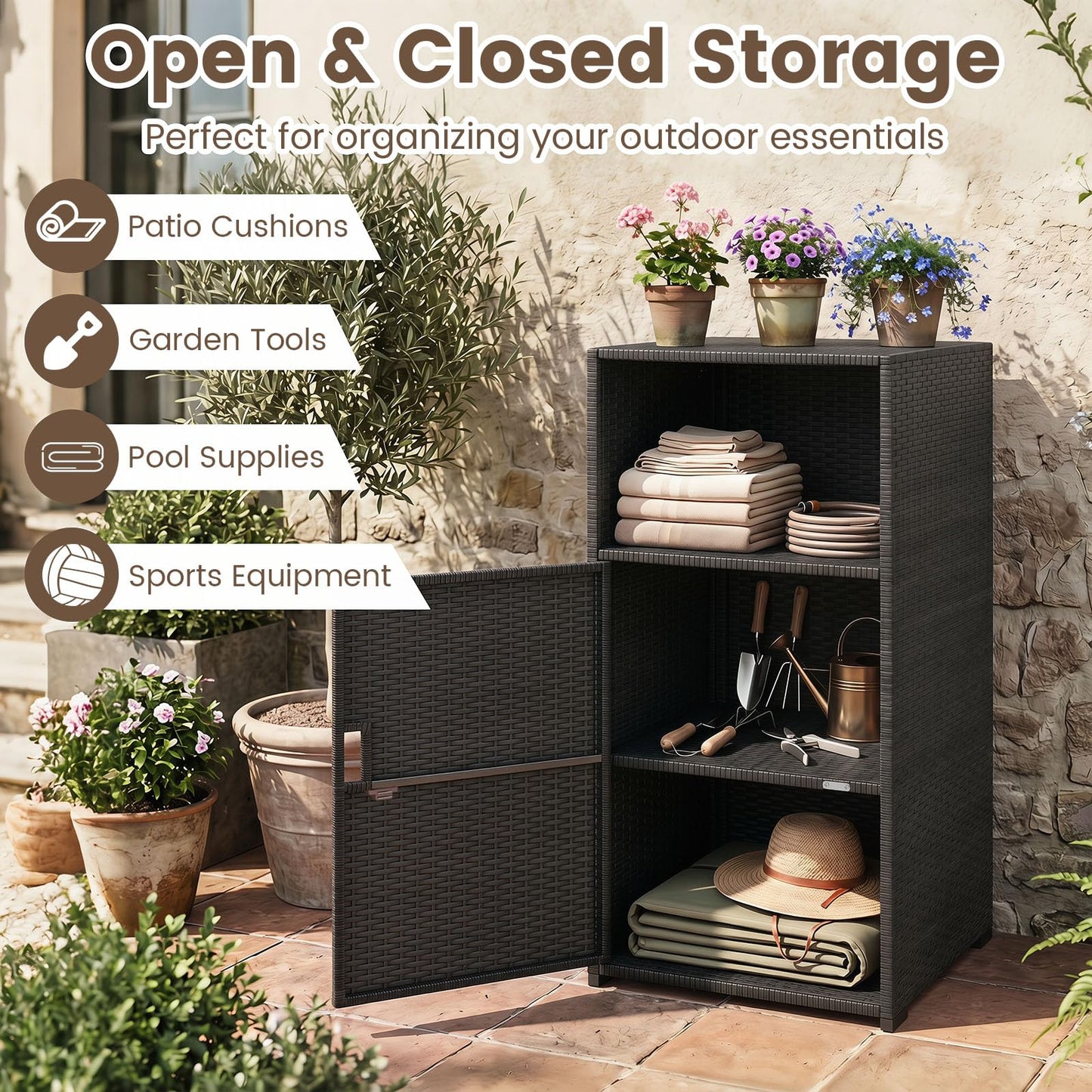 Tangkula Rattan Outdoor Storage Cabinet with 3 Storage Shelves