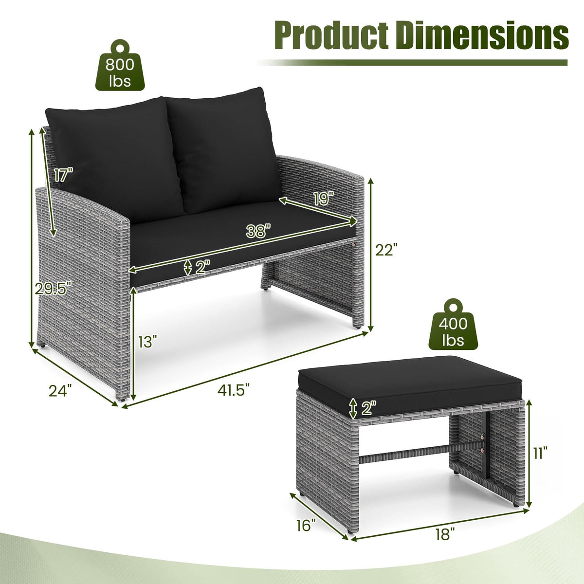 Tangkula Outdoor Loveseat with 2 Ottomans