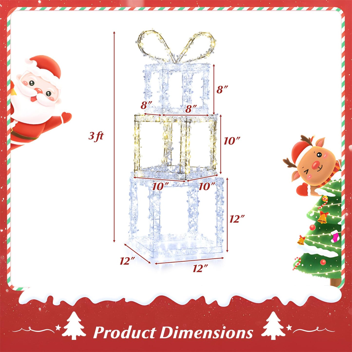 Tangkula Lot de 3 boîtes cadeaux lumineuses avec lumières LED blanc chaud et blanc froid