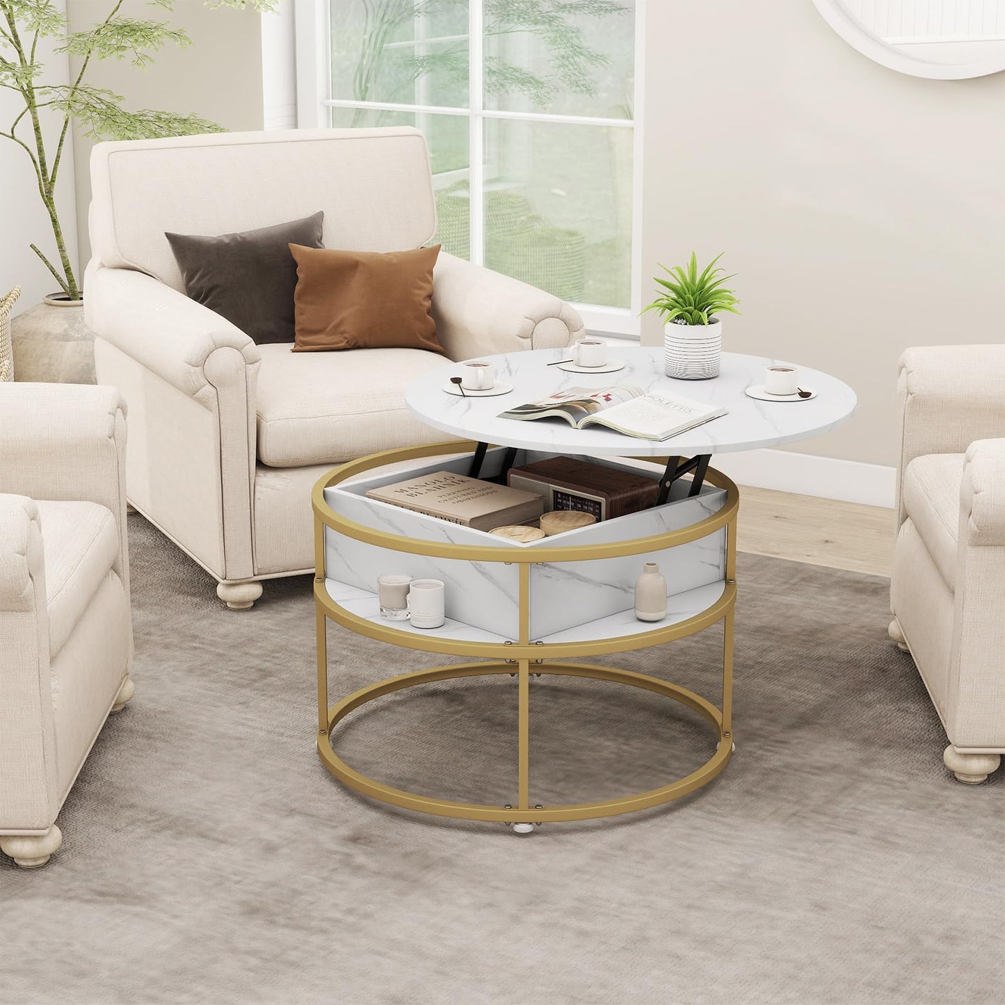 Tangkula 31.5” Round Center Table with Hidden Compartment & Side Shelves