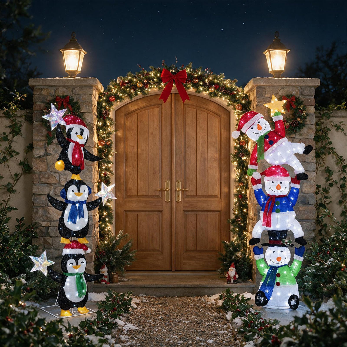 Tangkula 6 FT Lighted Christmas 3 Stacked Penguins