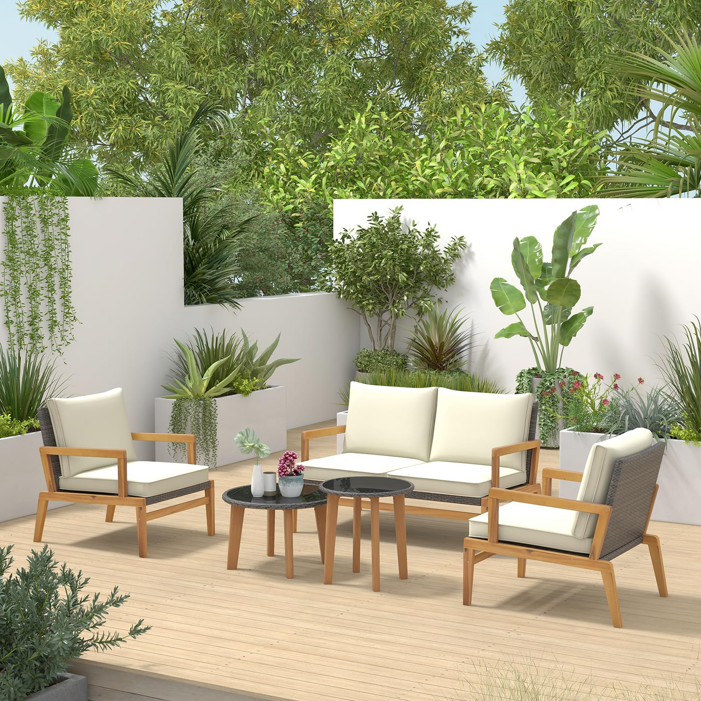Tangkula 5 Piece Rattan Furniture Set, Patiojoy Wicker Sofa Set with Solid Acacia Wood Frame & 2 Tempered Glass Coffee Tables