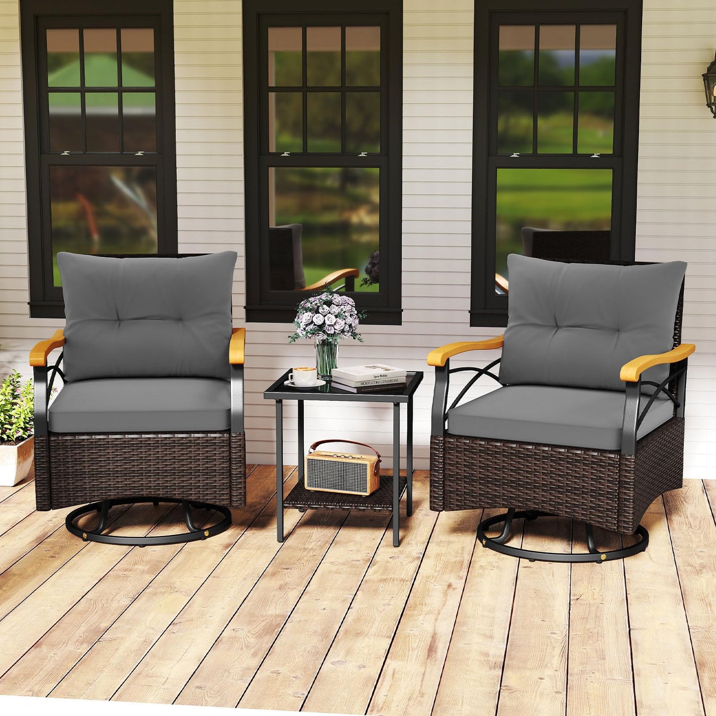 Tangkula 3 Piece Outdoor Swivel Chair Set with 2 Tier Tempered Glass Side Table