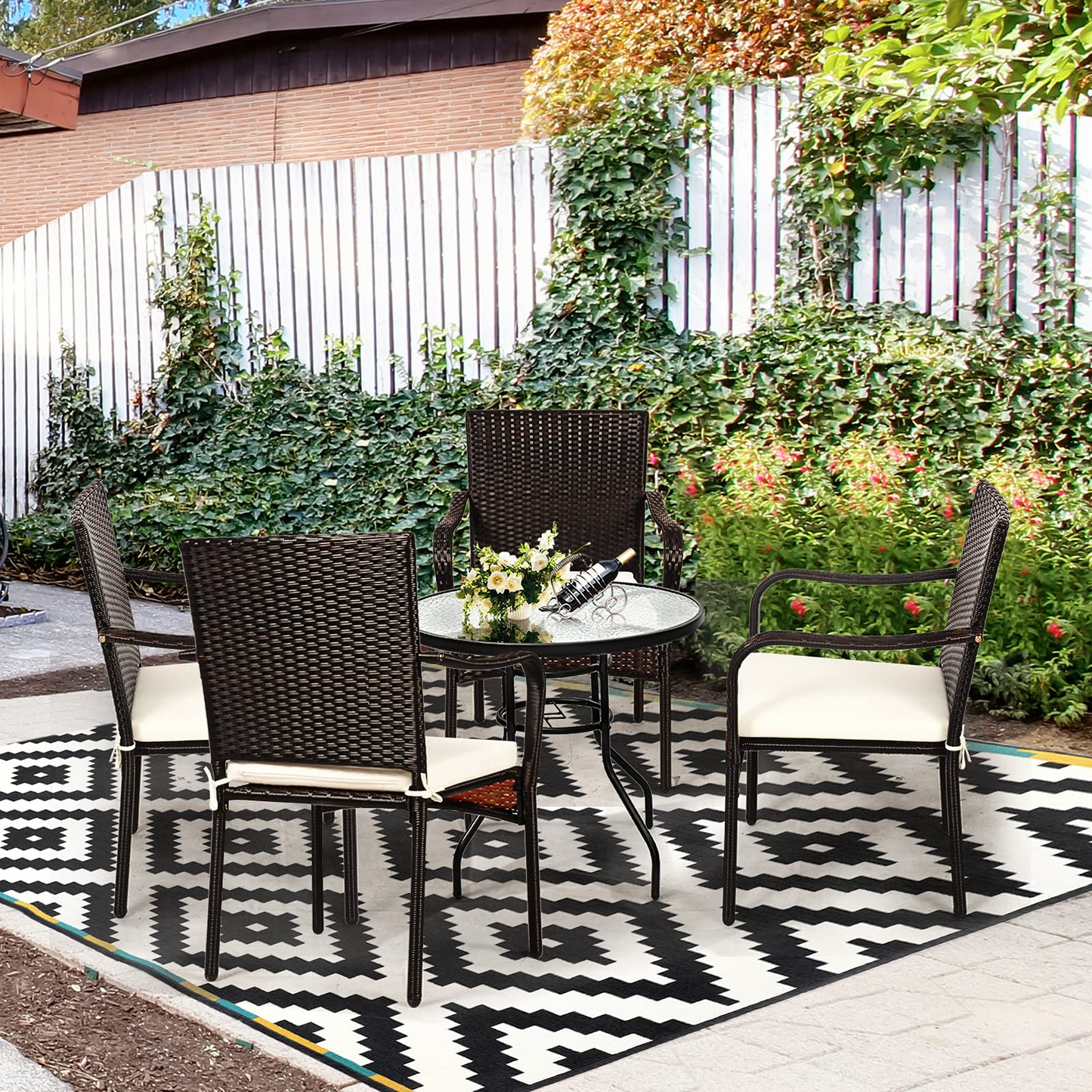 4 Pieces Patio Rattan Dining Chairs, Outdoor Stackable Wicker Chairs with Comfortable Cushions and Armrests
