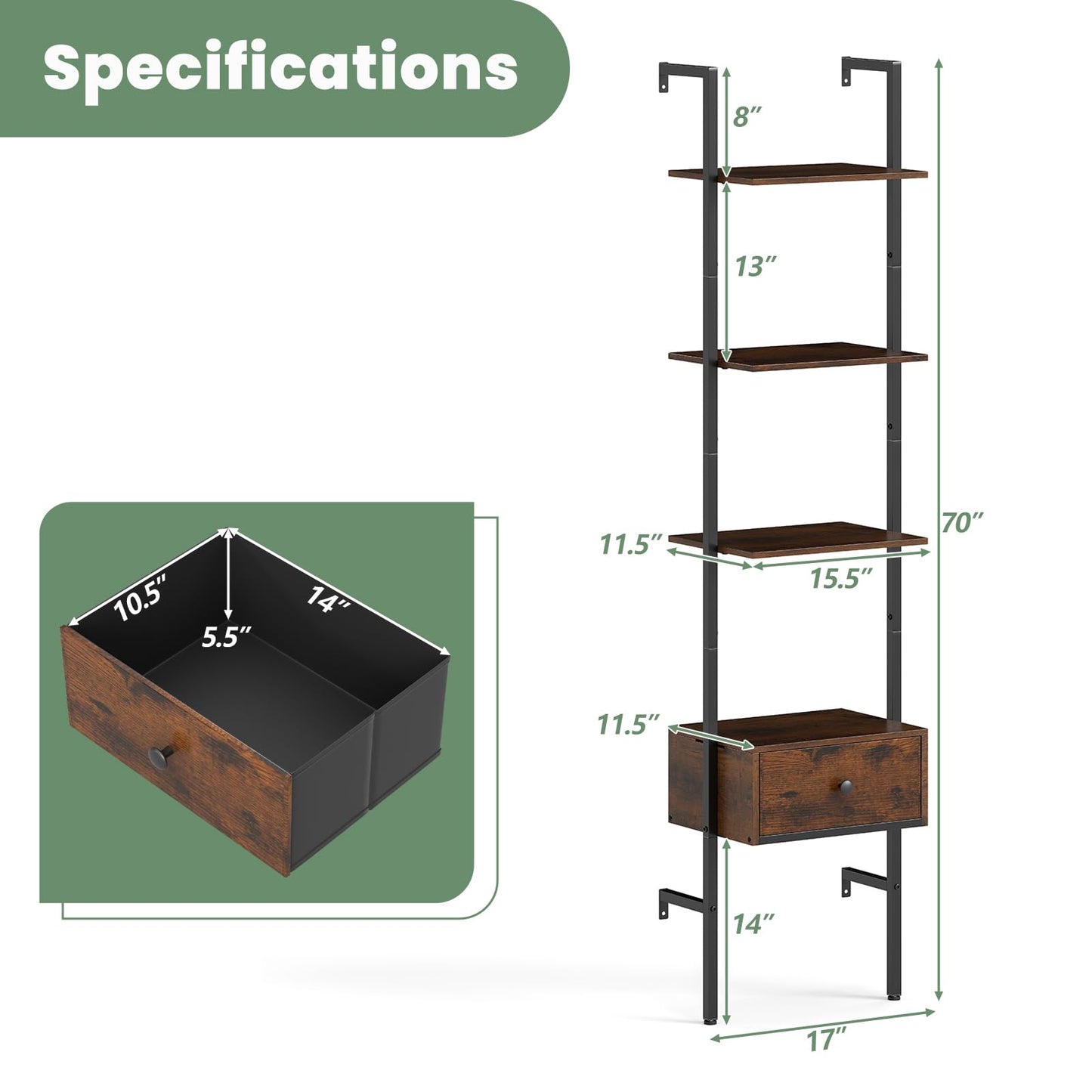 Tangkula 5-Tier Ladder Bookcase with Drawer and Metal Frame for Study Home Office
