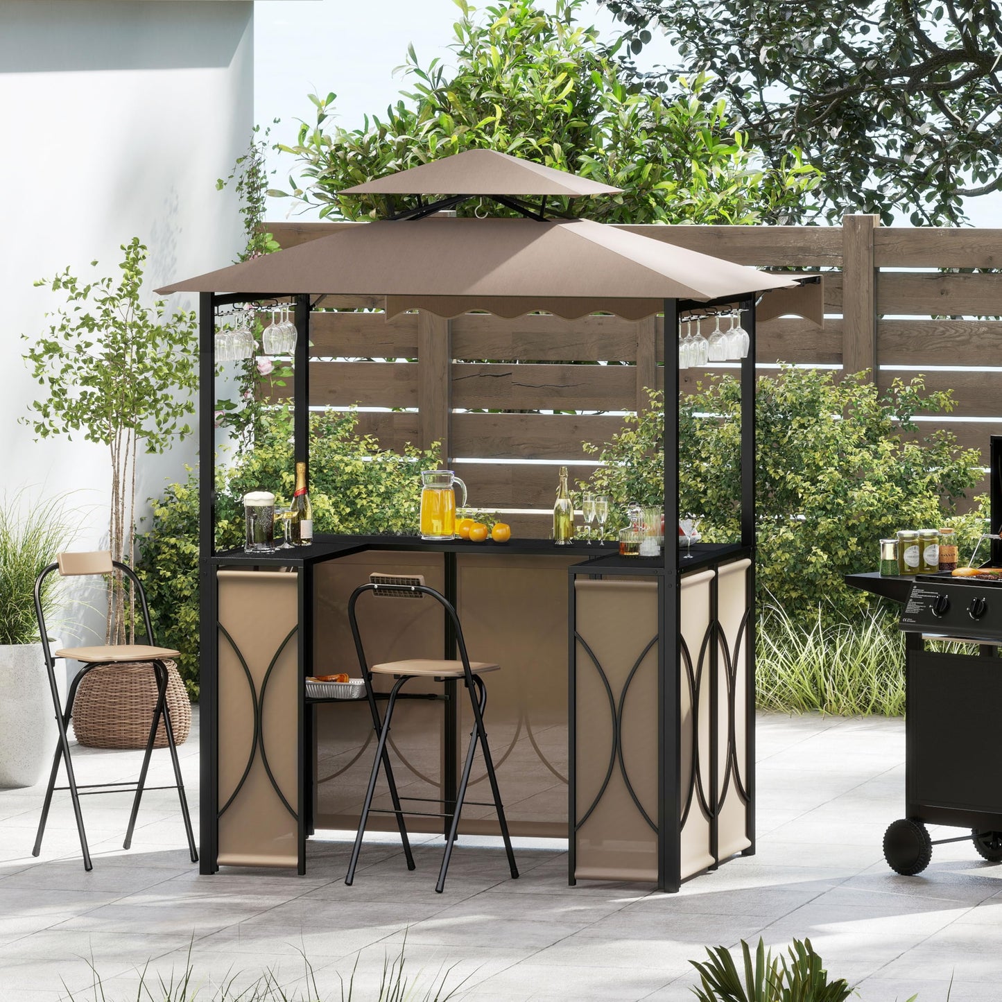Tangkula 3 Piece Patio Bar Set with Awning for Patio Poolside Garden Backyard
