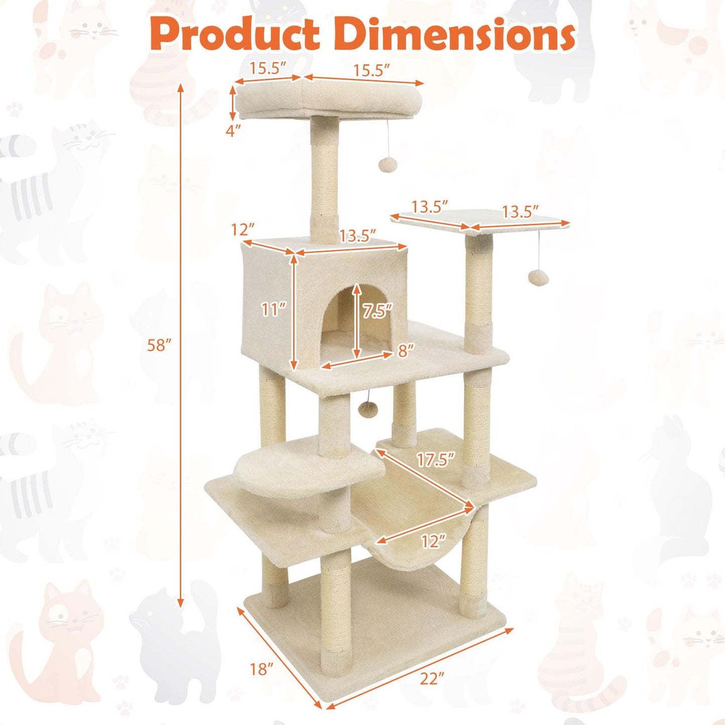 Arbre à chat multi-niveaux Tangkula de 147 cm avec poteaux à griffer en sisal pour chats d'intérieur