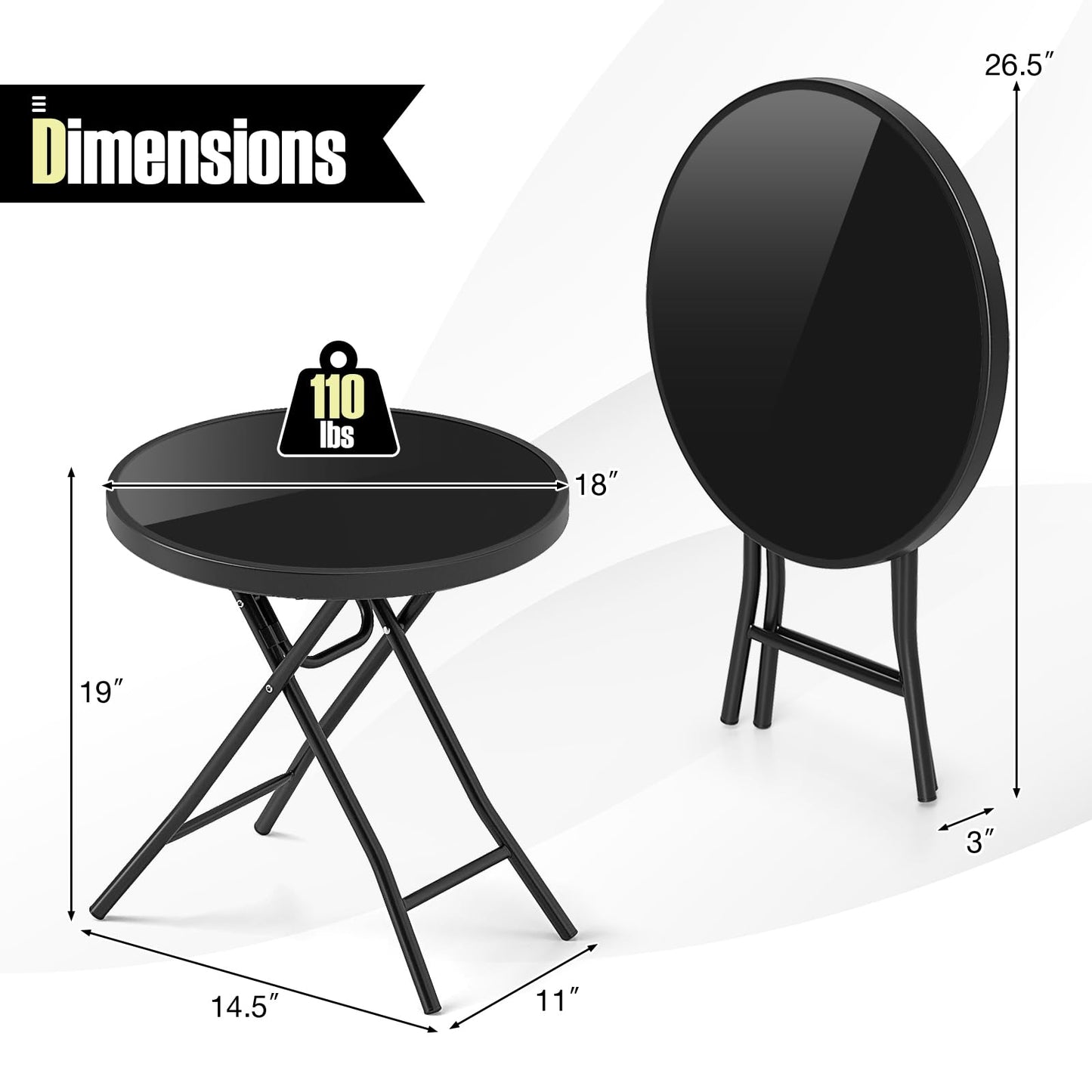 Table d'appoint pliante ronde Tangkula avec plateau en verre trempé et cadre en métal