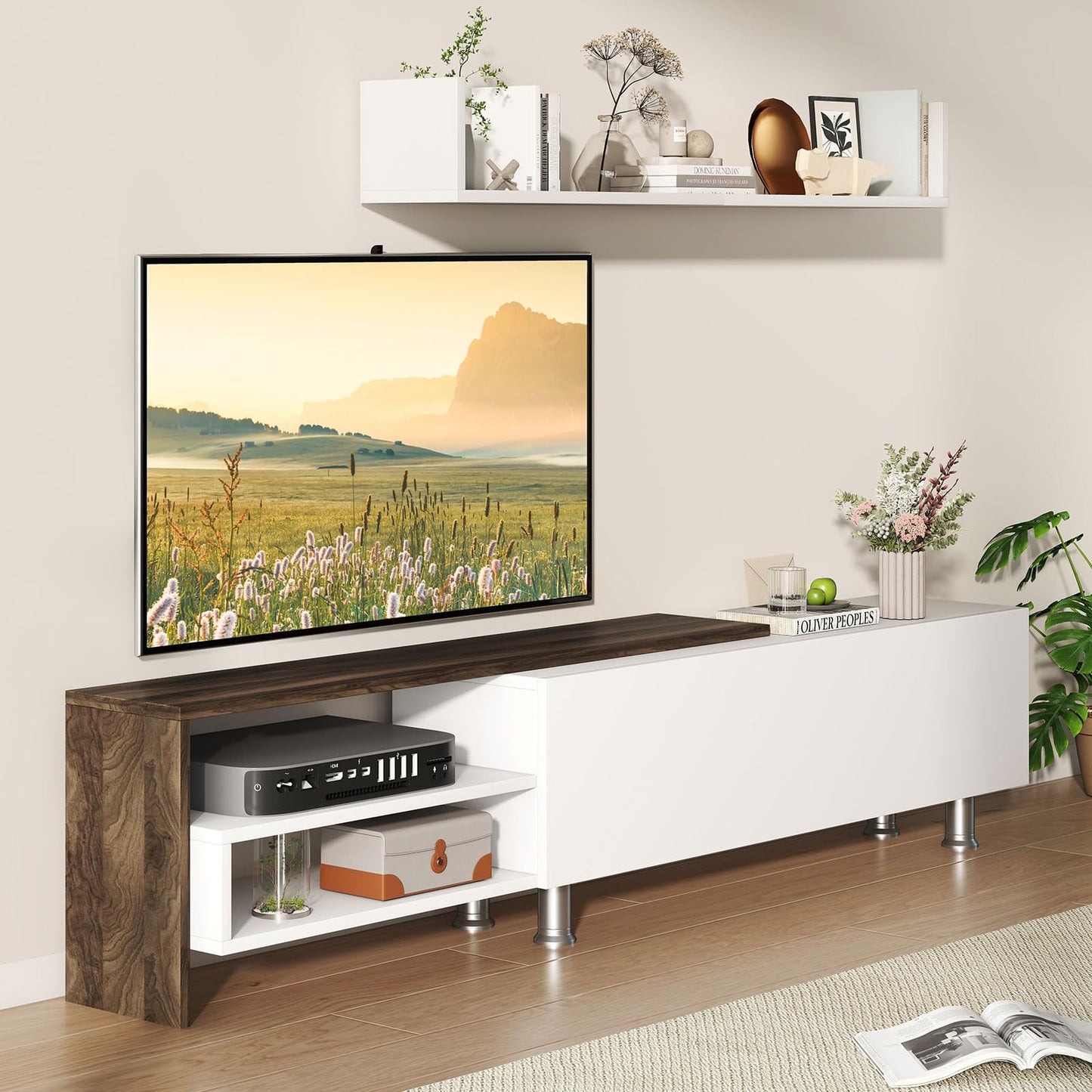 Tangkula White TV Stand with 2 Wall Shelves for Living Room