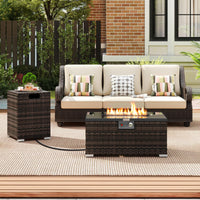 Tangkula 2-Piece Outdoor Rattan Fire Table Set 32 Inch Rectangle Gas Firepit with Tank Cover