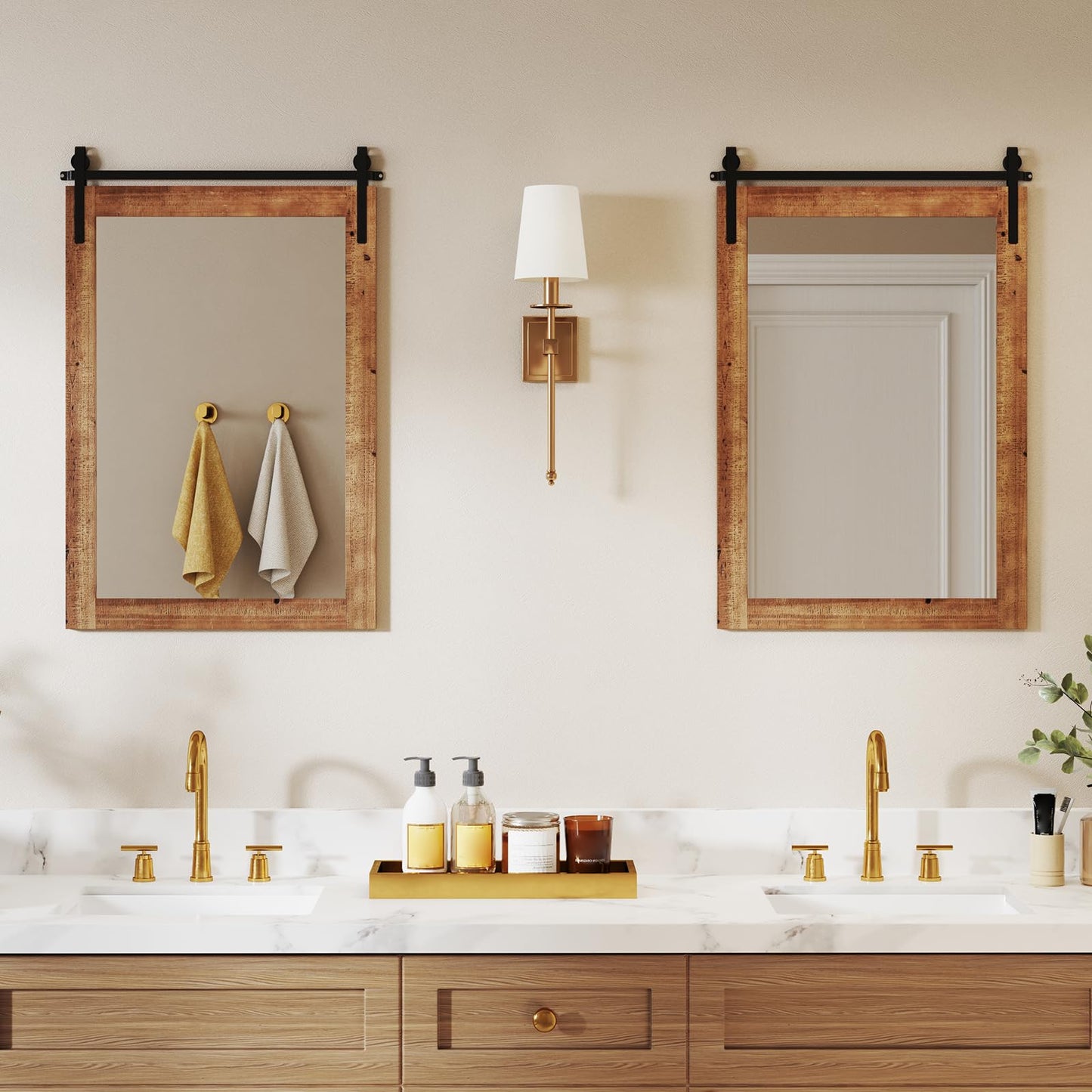 Tangkula Farmhouse Wall Mirror with Wood Frame & Metal Bracket（ 36"L x 24"W）